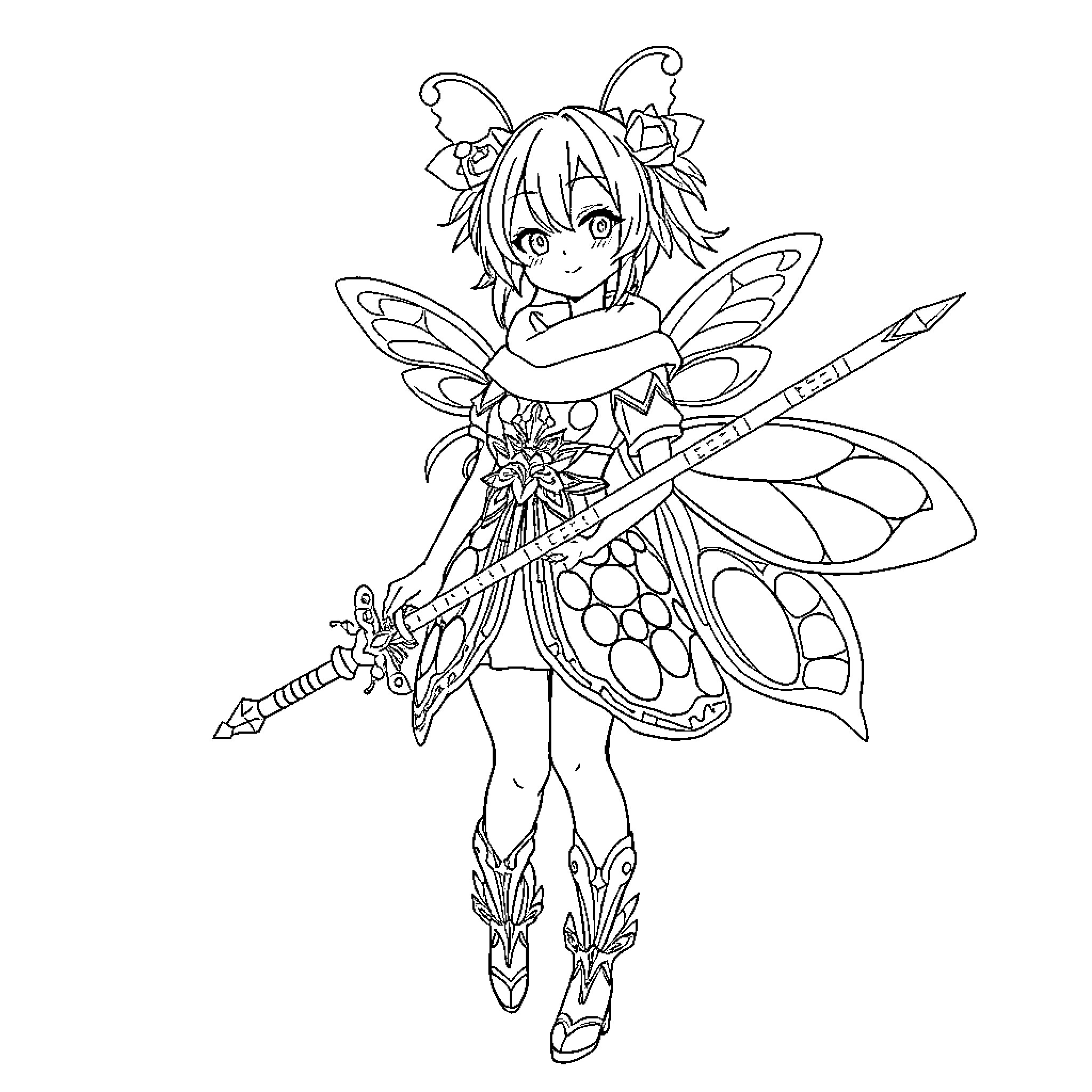 Shinobu the Magical Fairy Warrior Coloring Page (free black-and-white line drawing printable PDF for all, from beginners to advanced learners, including children, teens, adults, and seniors)