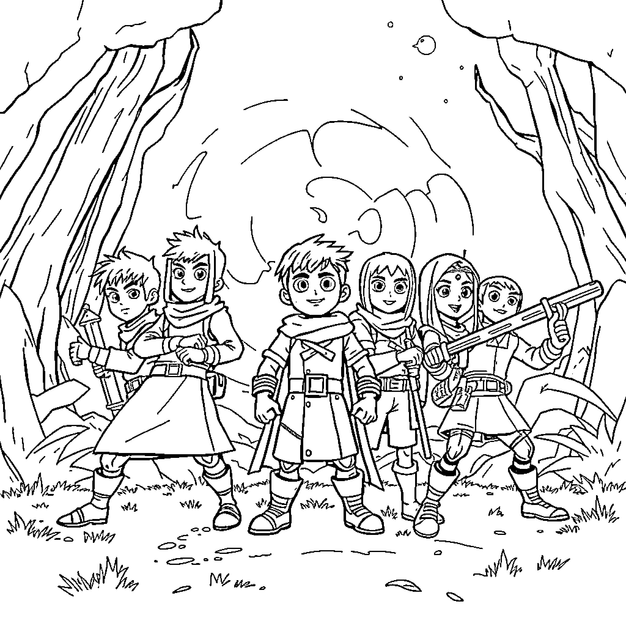 Ejen Ali and his team explore the wilderness Coloring Page (free black-and-white line drawing printable PDF for all, from beginners to advanced learners, including children, teens, adults, and seniors)