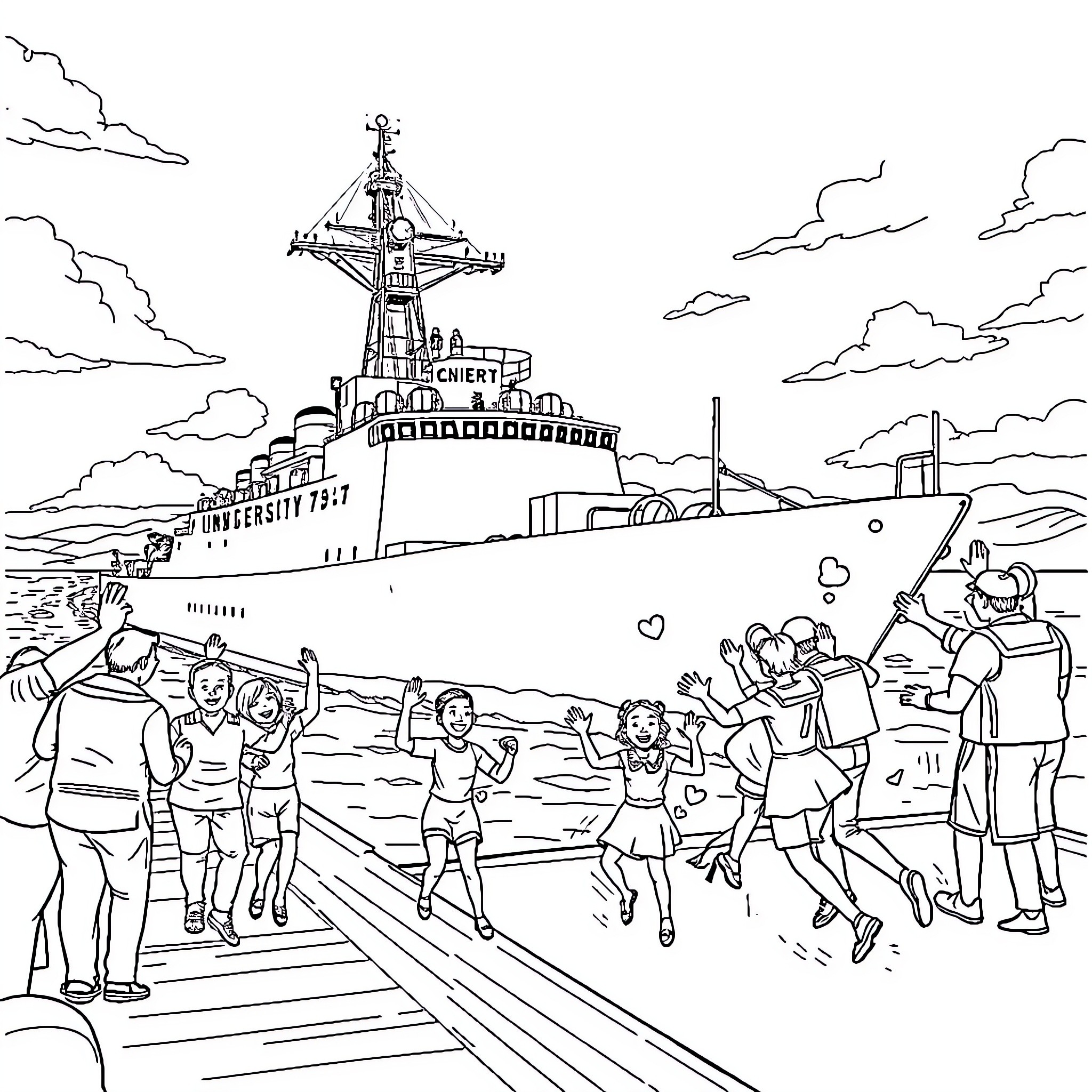 DDG People Celebrating by the Massive Naval Ship Coloring Page (free black-and-white line drawing printable PDF for all, from beginners to advanced learners, including children, teens, adults, and seniors)