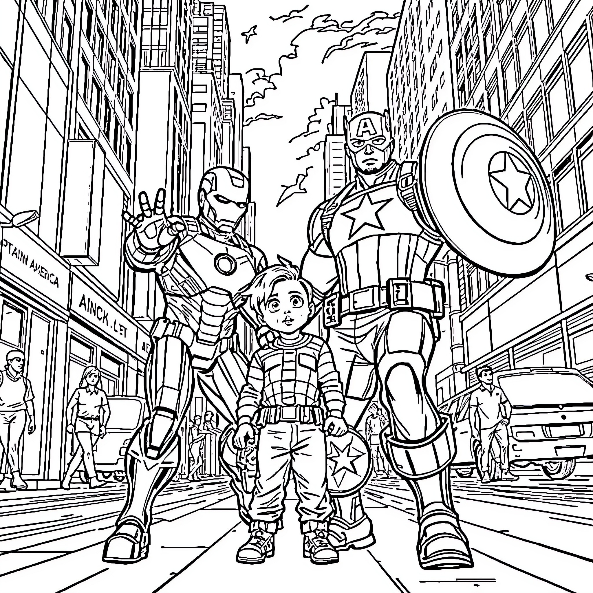 Ironman, Captain America, and Spider-Man in an urban setting Coloring Page (free black-and-white line drawing printable PDF for all, from beginners to advanced learners, including children, teens, adults, and seniors)