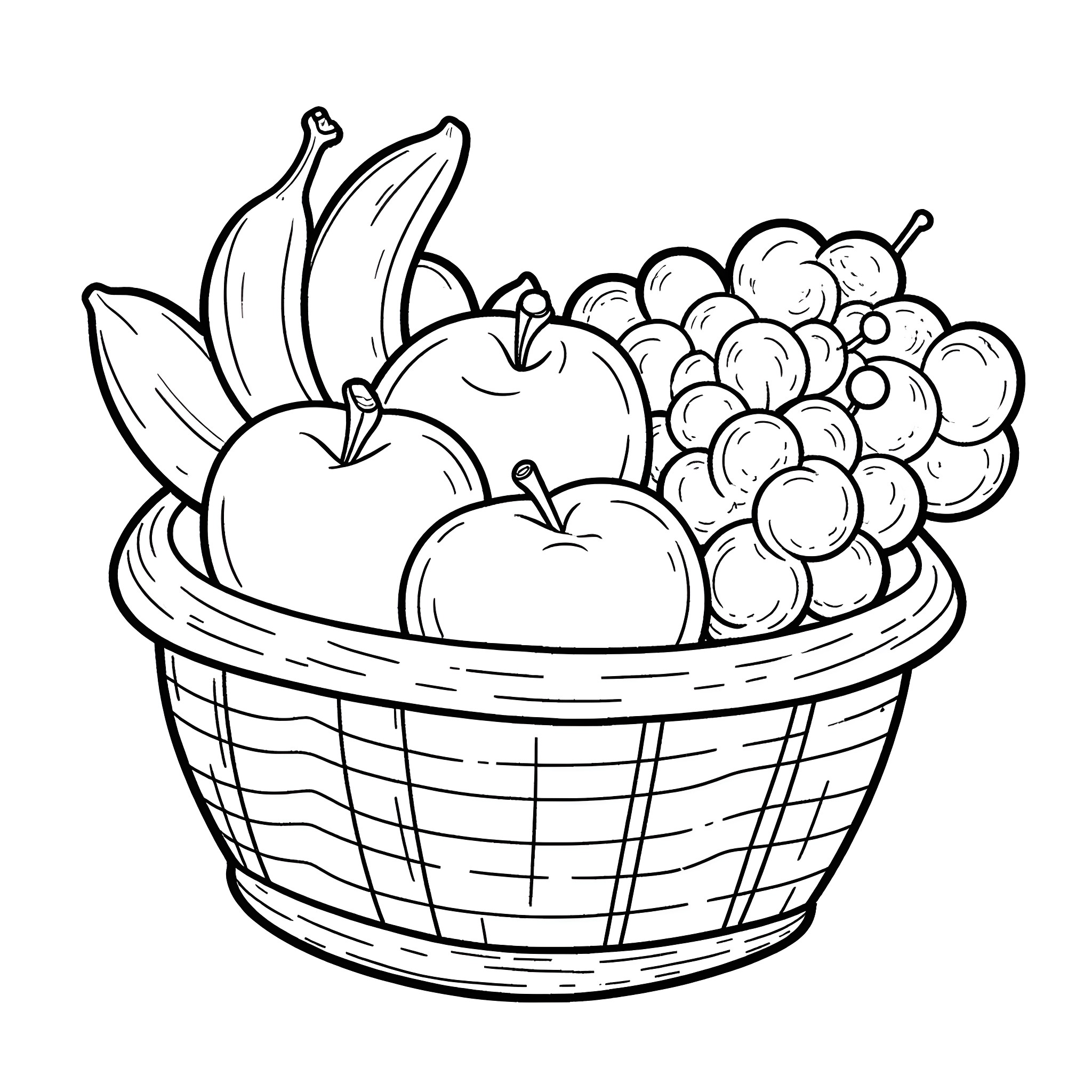 Fruit Basket Filled with Delicious Produce Coloring Page (free black-and-white line drawing printable PDF for all, from beginners to advanced learners, including children, teens, adults, and seniors)