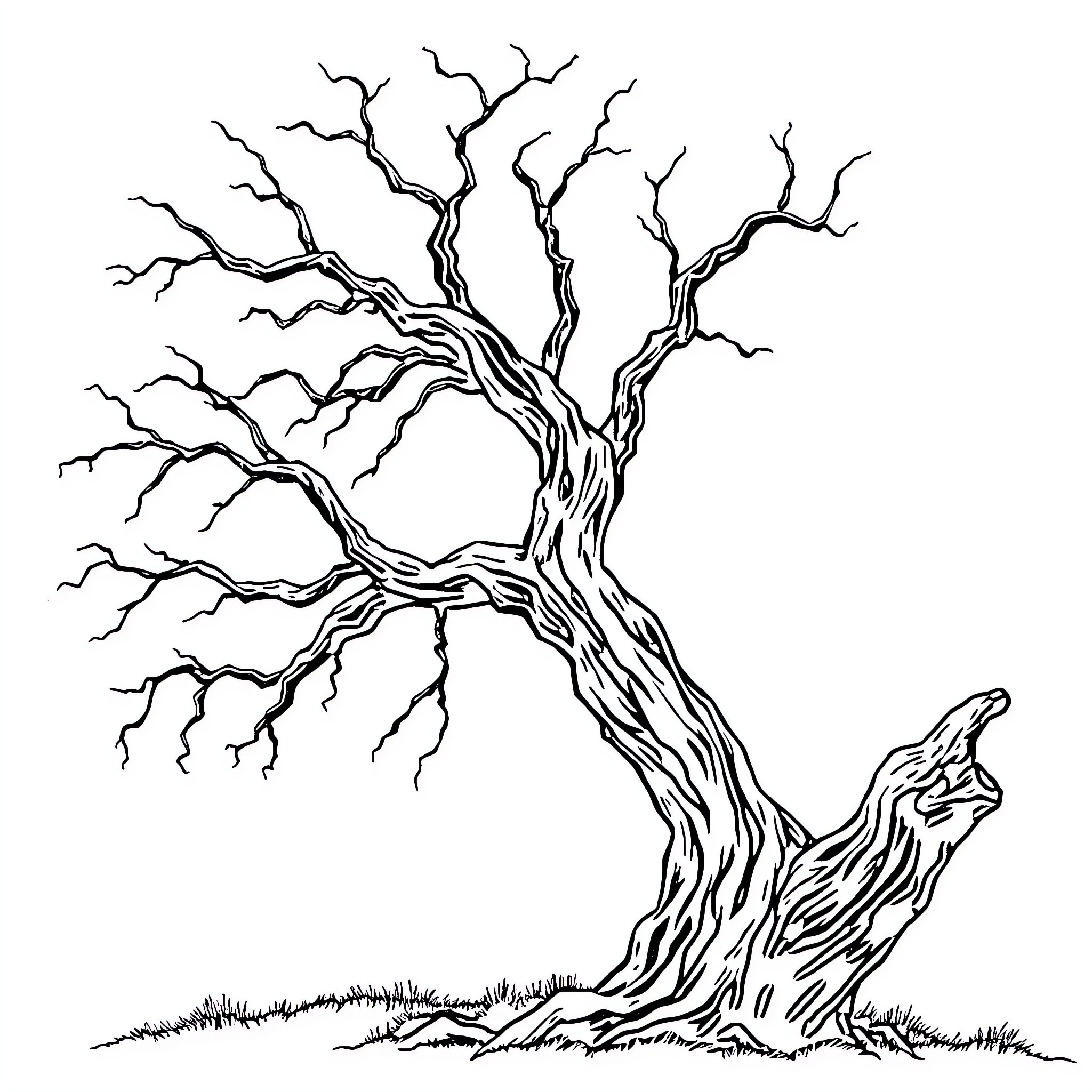 Tree with intricate twisted branches Coloring Page (free black-and-white line drawing printable PDF for all, from beginners to advanced learners, including children, teens, adults, and seniors)