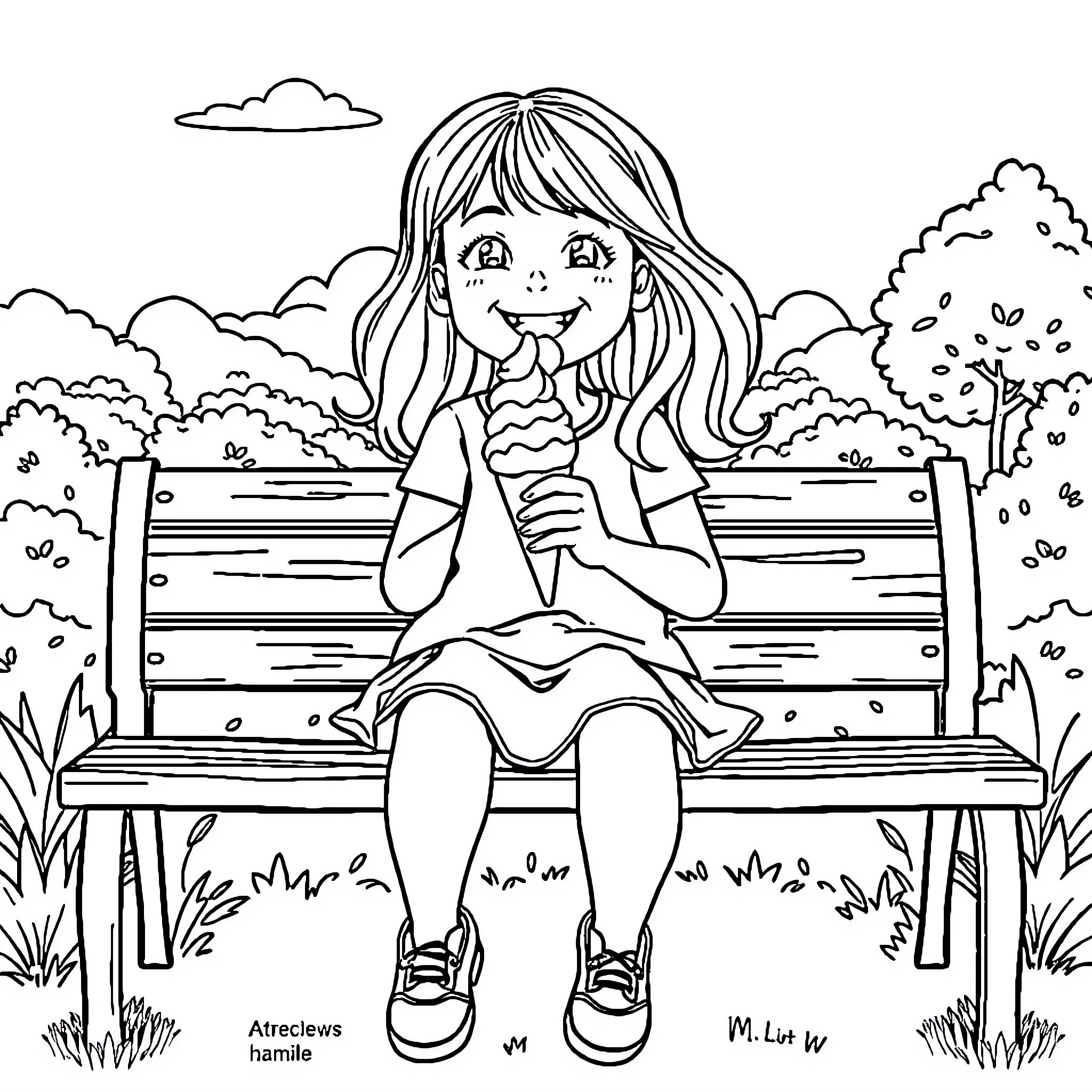 Girl enjoying ice cream on park bench Coloring Page (free black-and-white line drawing printable PDF for all, from beginners to advanced learners, including children, teens, adults, and seniors)