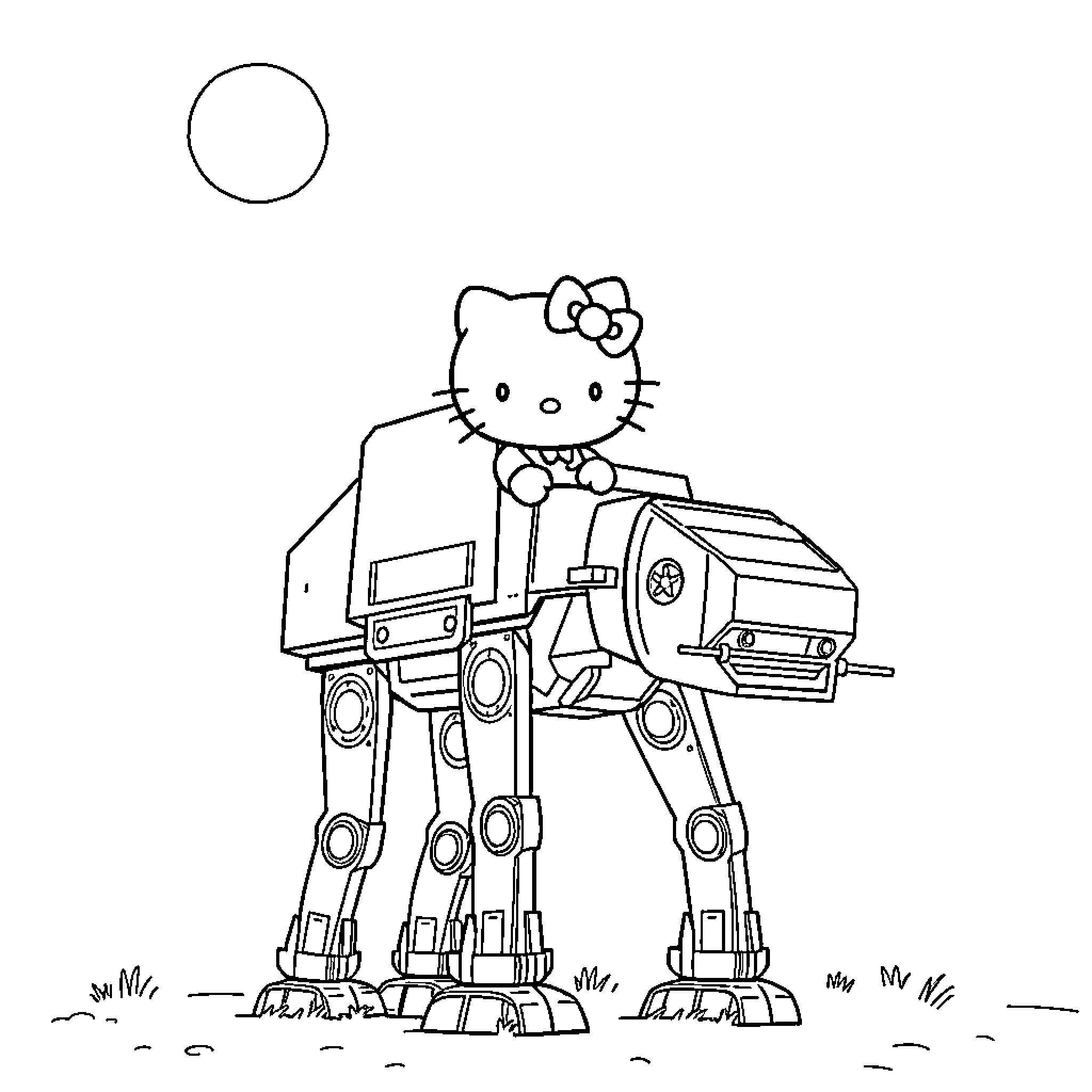 Hello Kitty Riding a Futuristic Robot Coloring Page (free black-and-white line drawing printable PDF for all, from beginners to advanced learners, including children, teens, adults, and seniors)