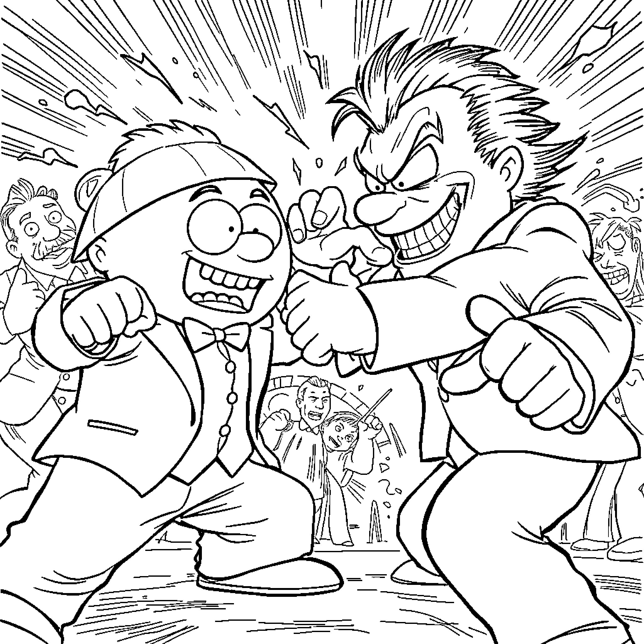 Cartman in a Chaotic Confrontation Coloring Page (free black-and-white line drawing printable PDF for all, from beginners to advanced learners, including children, teens, adults, and seniors)
