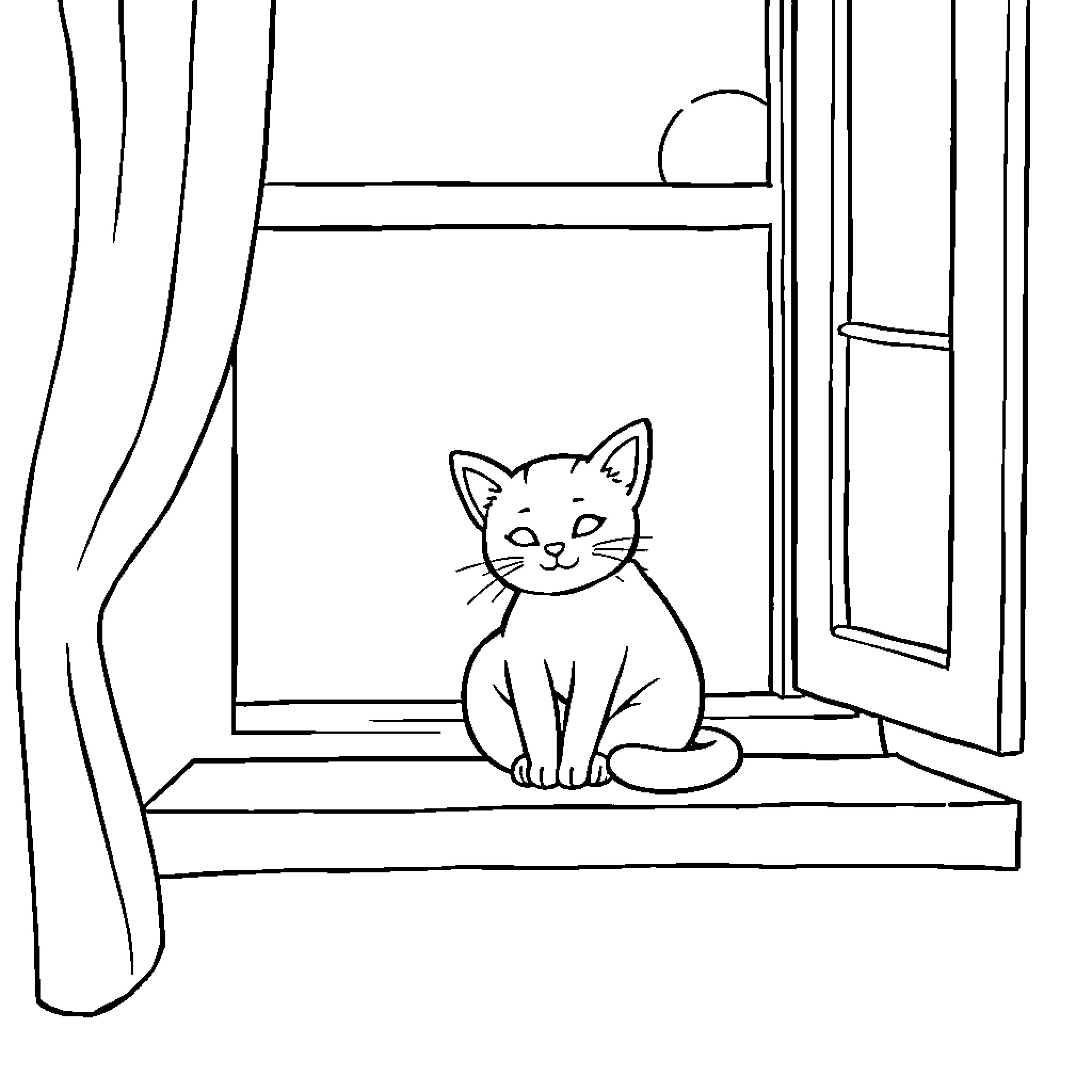 Cat sitting peacefully on windowsill Coloring Page (free black-and-white line drawing printable PDF for all, from beginners to advanced learners, including children, teens, adults, and seniors)