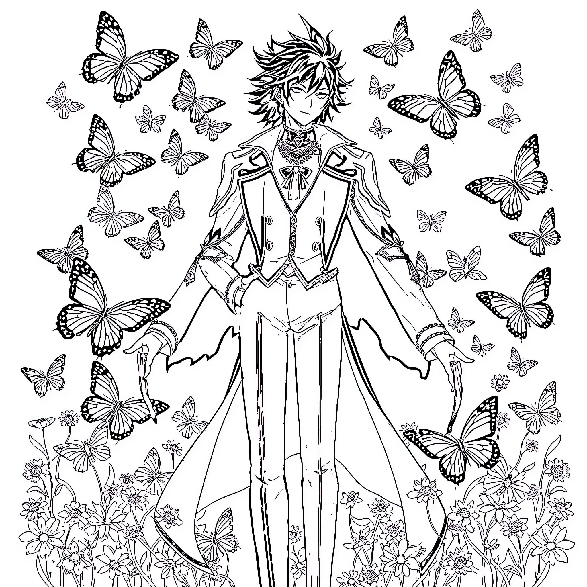 Tyki Mikk surrounded by enchanting butterflies Coloring Page (free black-and-white line drawing printable PDF for all, from beginners to advanced learners, including children, teens, adults, and seniors)