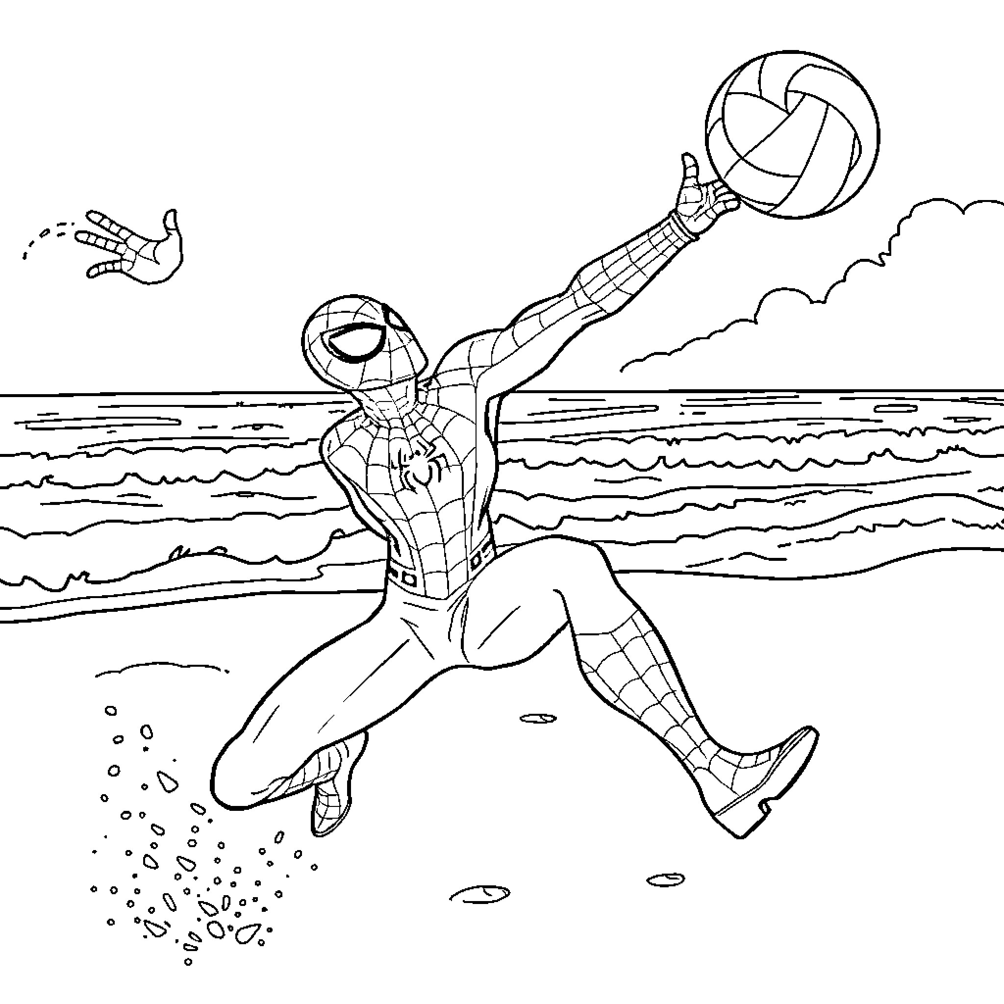 Spiderman leaping to spike a volleyball on the beach Coloring Page (free black-and-white line drawing printable PDF for all, from beginners to advanced learners, including children, teens, adults, and seniors)