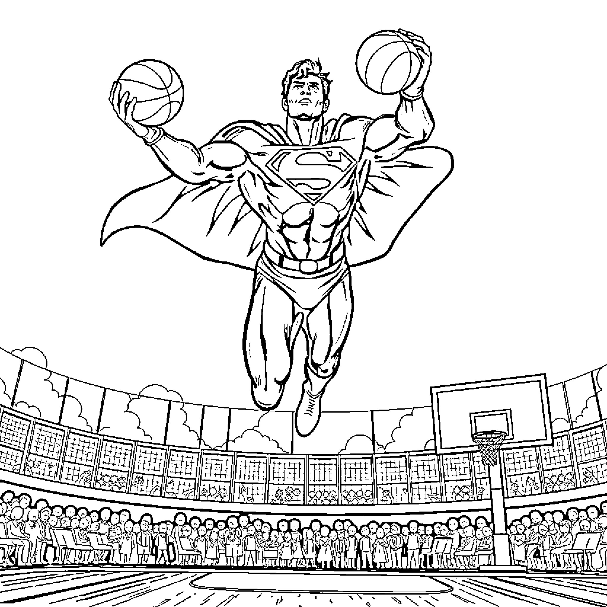 Superman displaying athletic prowess at a sporting event Coloring Page (free black-and-white line drawing printable PDF for all, from beginners to advanced learners, including children, teens, adults, and seniors)