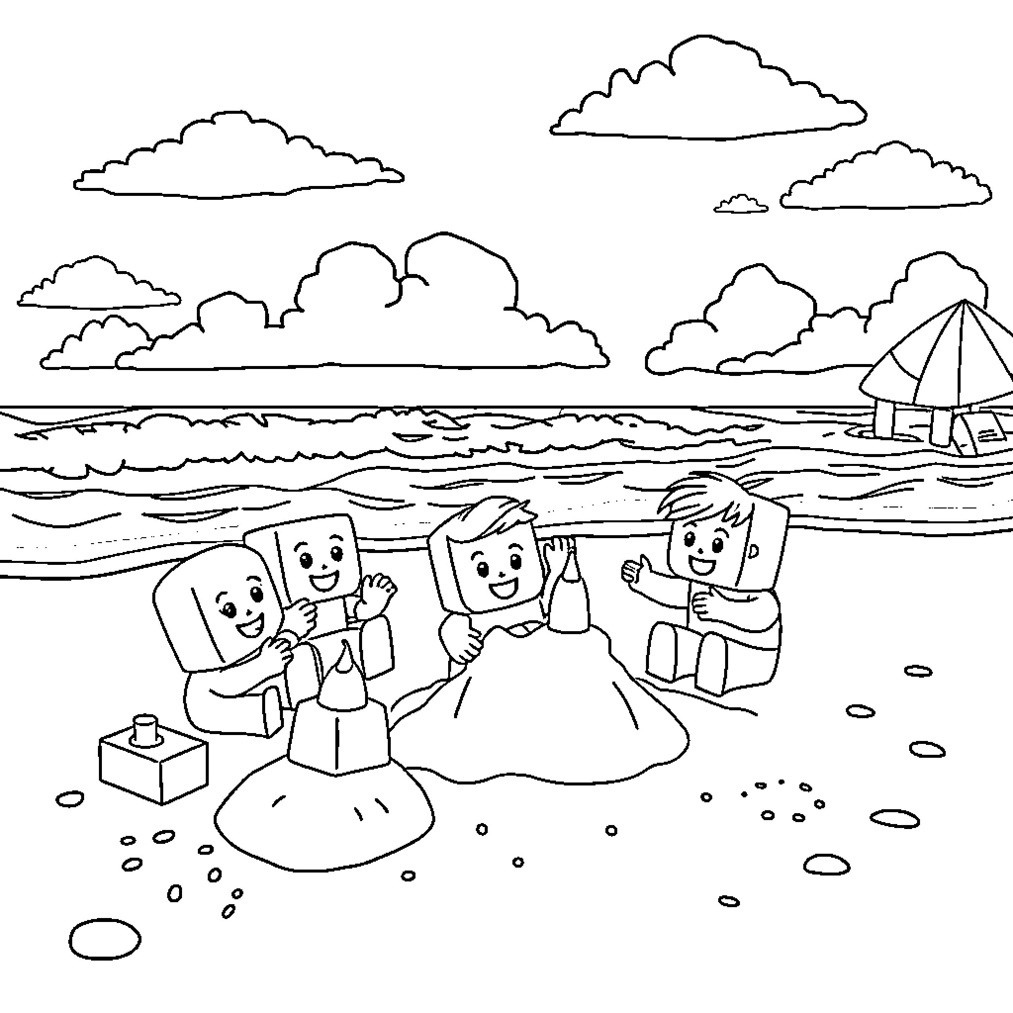 Alphablock characters enjoying a day at the beach Coloring Page (free black-and-white line drawing printable PDF for all, from beginners to advanced learners, including children, teens, adults, and seniors)