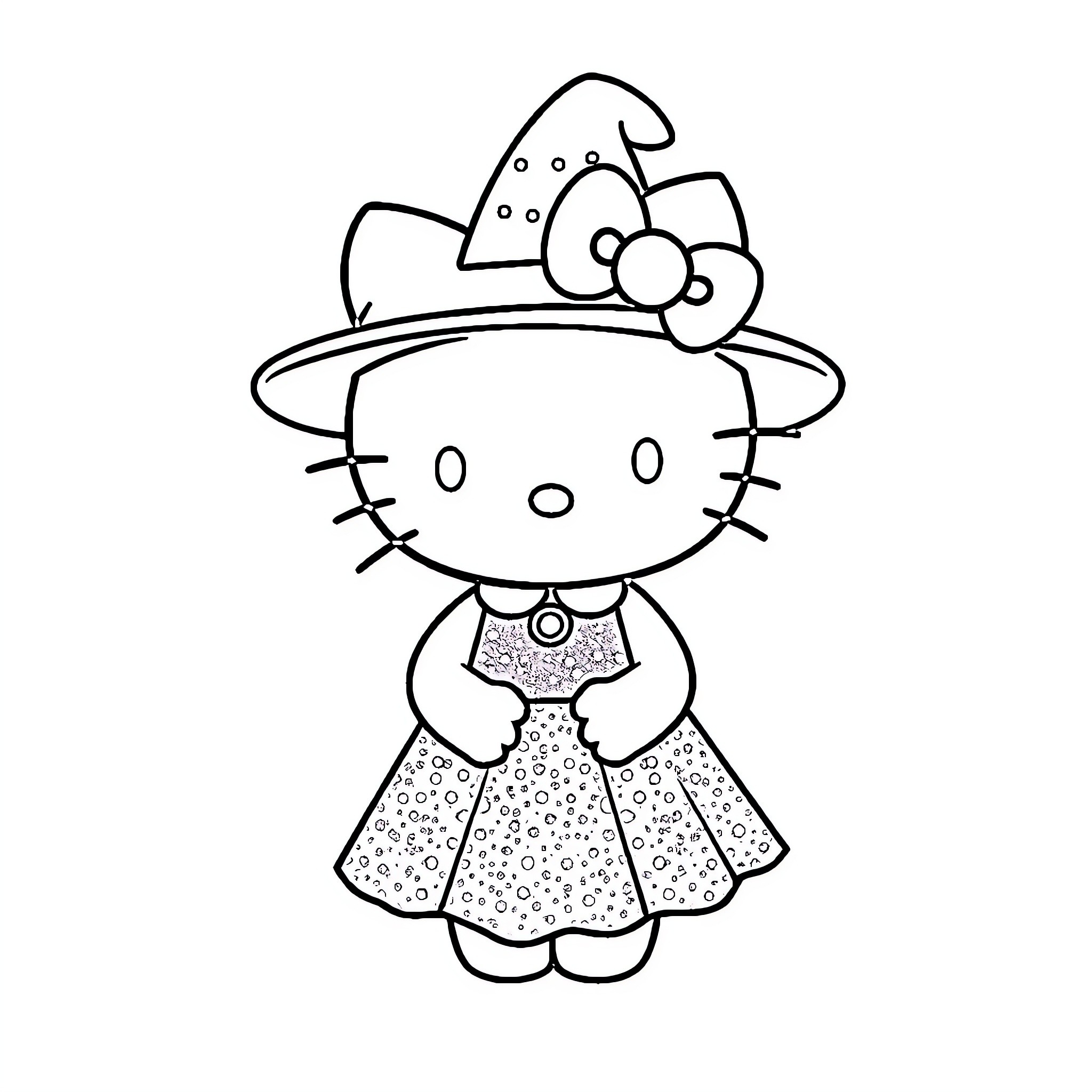 Hello Kitty wearing a polka dot dress Coloring Page (free black-and-white line drawing printable PDF for all, from beginners to advanced learners, including children, teens, adults, and seniors)