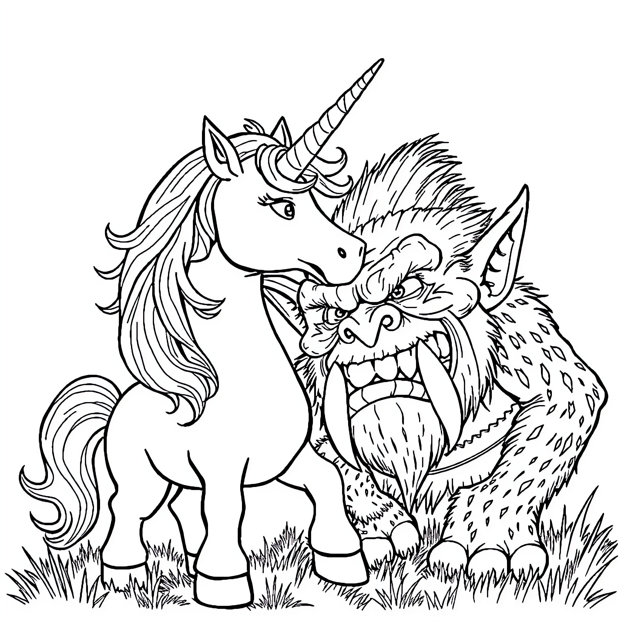 Unicorn confronted by a fierce forest creature Coloring Page (free black-and-white line drawing printable PDF for all, from beginners to advanced learners, including children, teens, adults, and seniors)