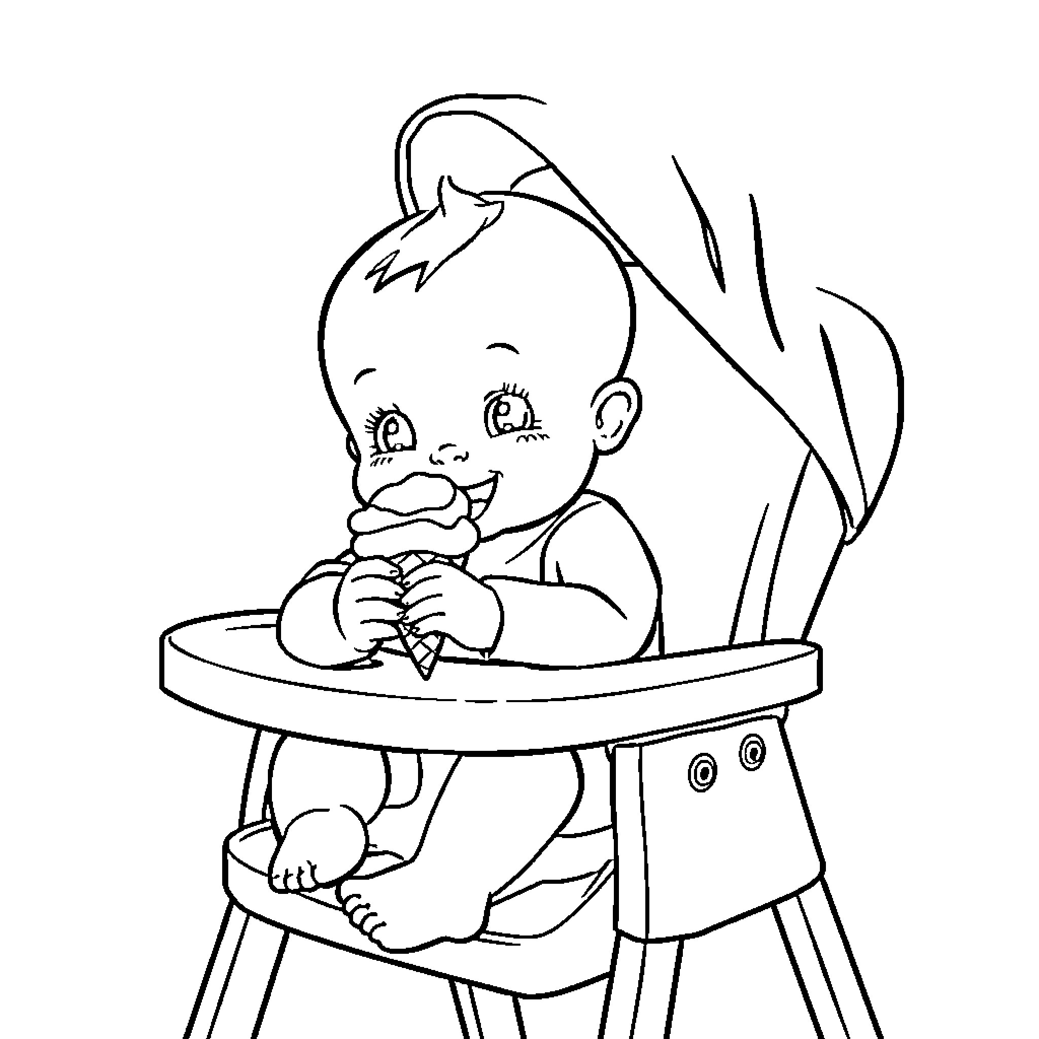 Baby feeding in a high chair Coloring Page (free black-and-white line drawing printable PDF for all, from beginners to advanced learners, including children, teens, adults, and seniors)