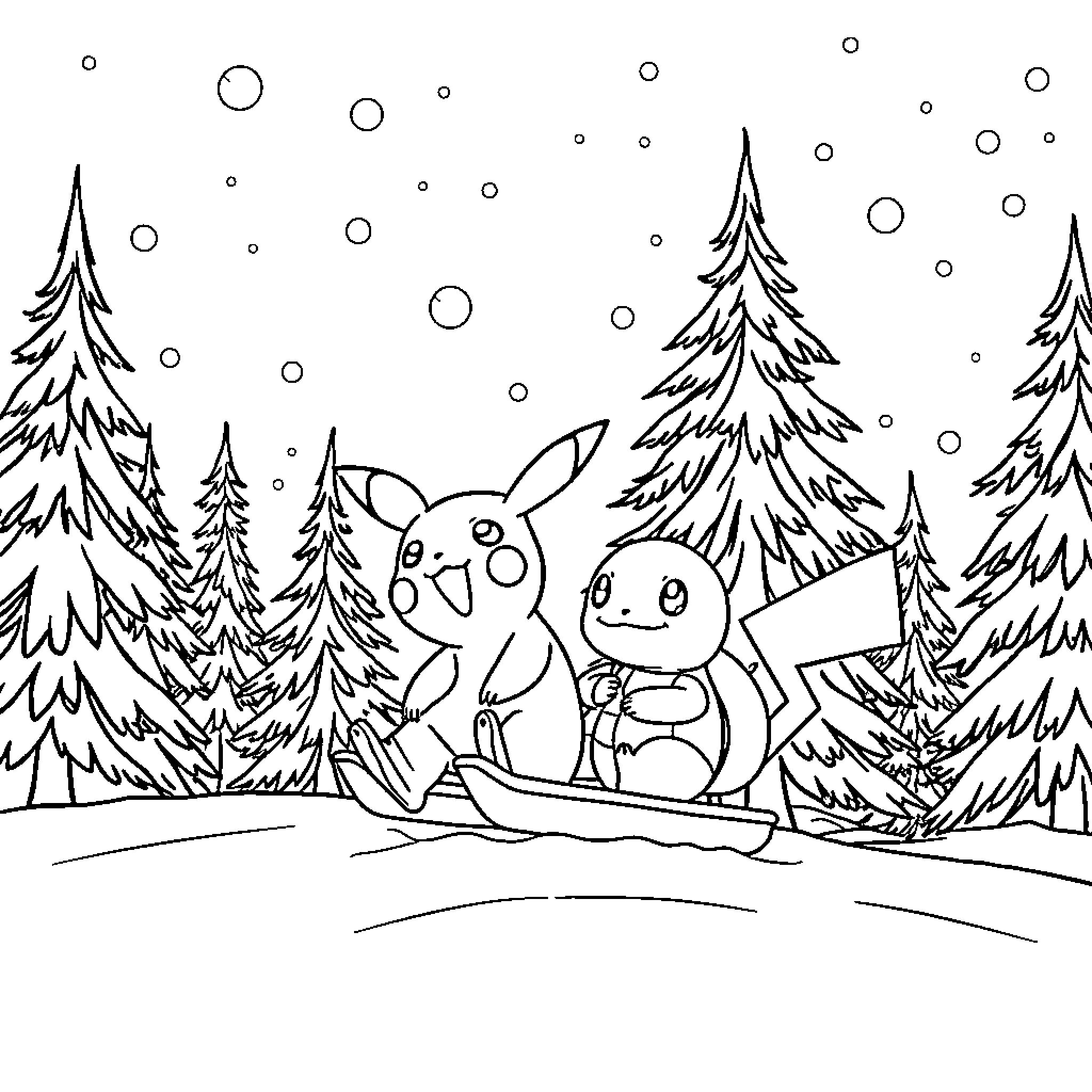 Pikachu enjoying winter wonderland with friends Coloring Page (free black-and-white line drawing printable PDF for all, from beginners to advanced learners, including children, teens, adults, and seniors)