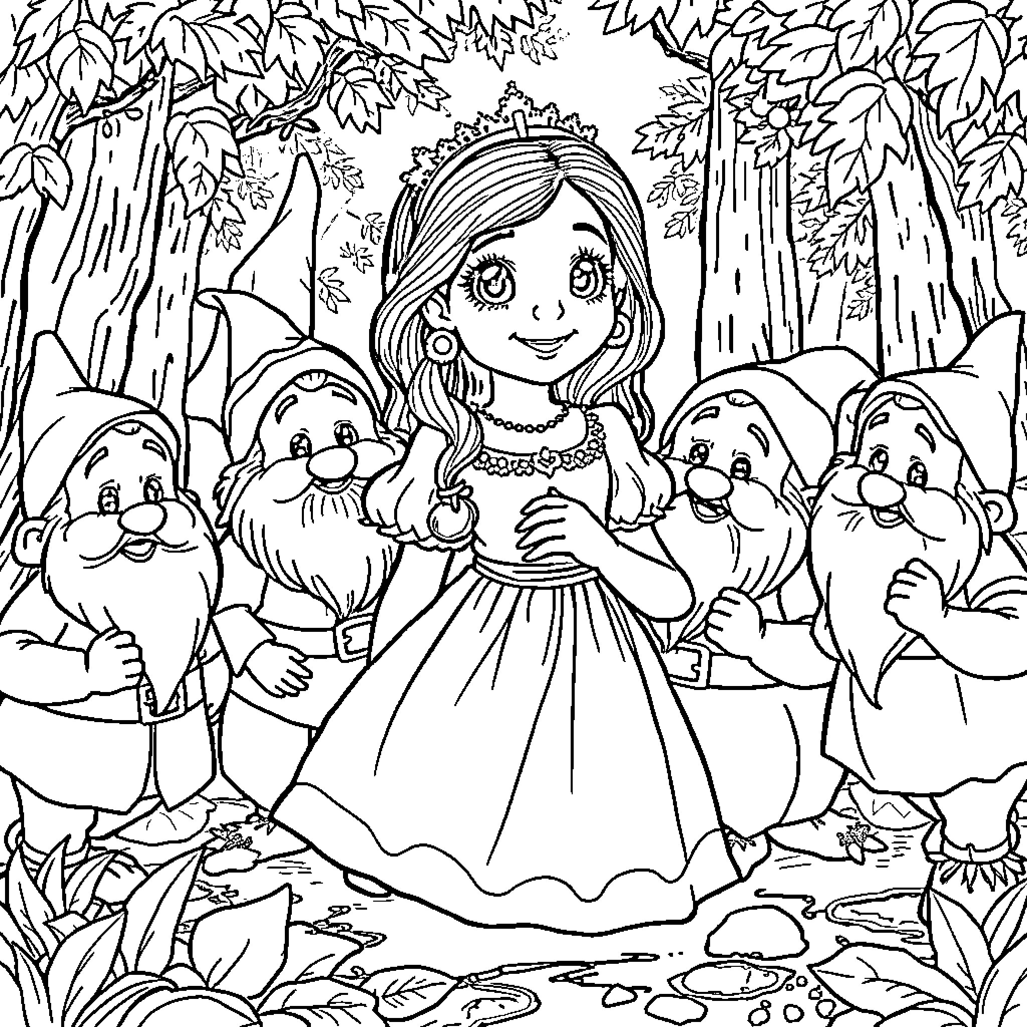 Snow White surrounded by her dwarf friends in the forest Coloring Page (free black-and-white line drawing printable PDF for all, from beginners to advanced learners, including children, teens, adults, and seniors)