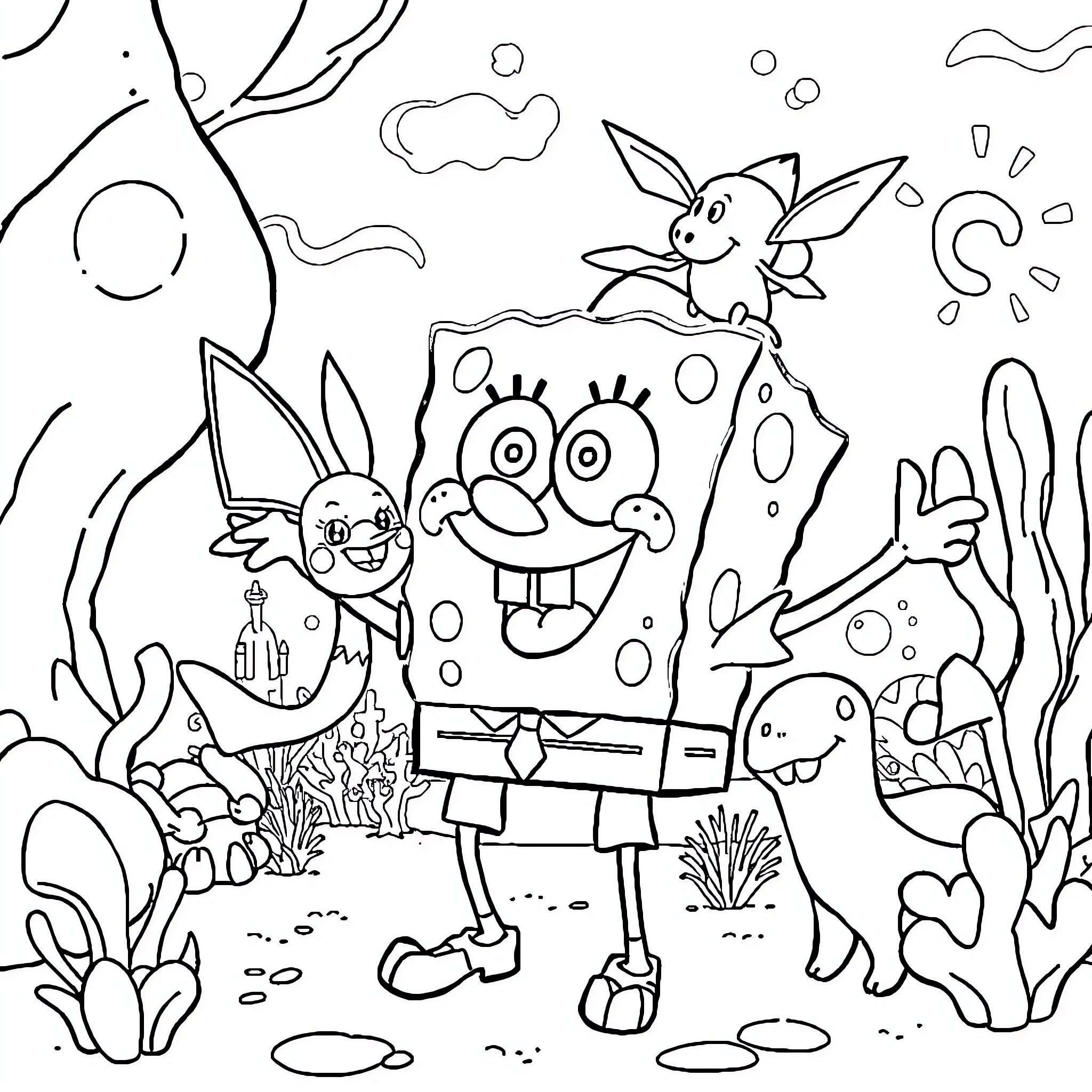 Spongebob and Friends Exploring the Underwater World Coloring Page (free black-and-white line drawing printable PDF for all, from beginners to advanced learners, including children, teens, adults, and seniors)