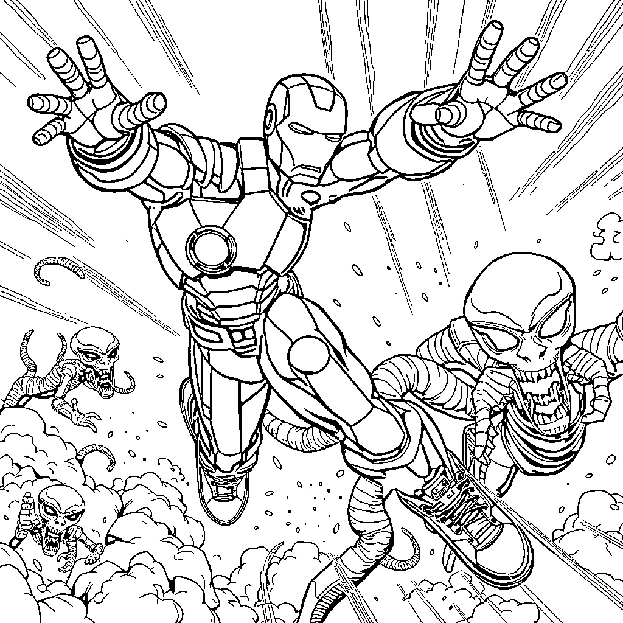 Ironman battling alien foes in action-packed scene Coloring Page (free black-and-white line drawing printable PDF for all, from beginners to advanced learners, including children, teens, adults, and seniors)