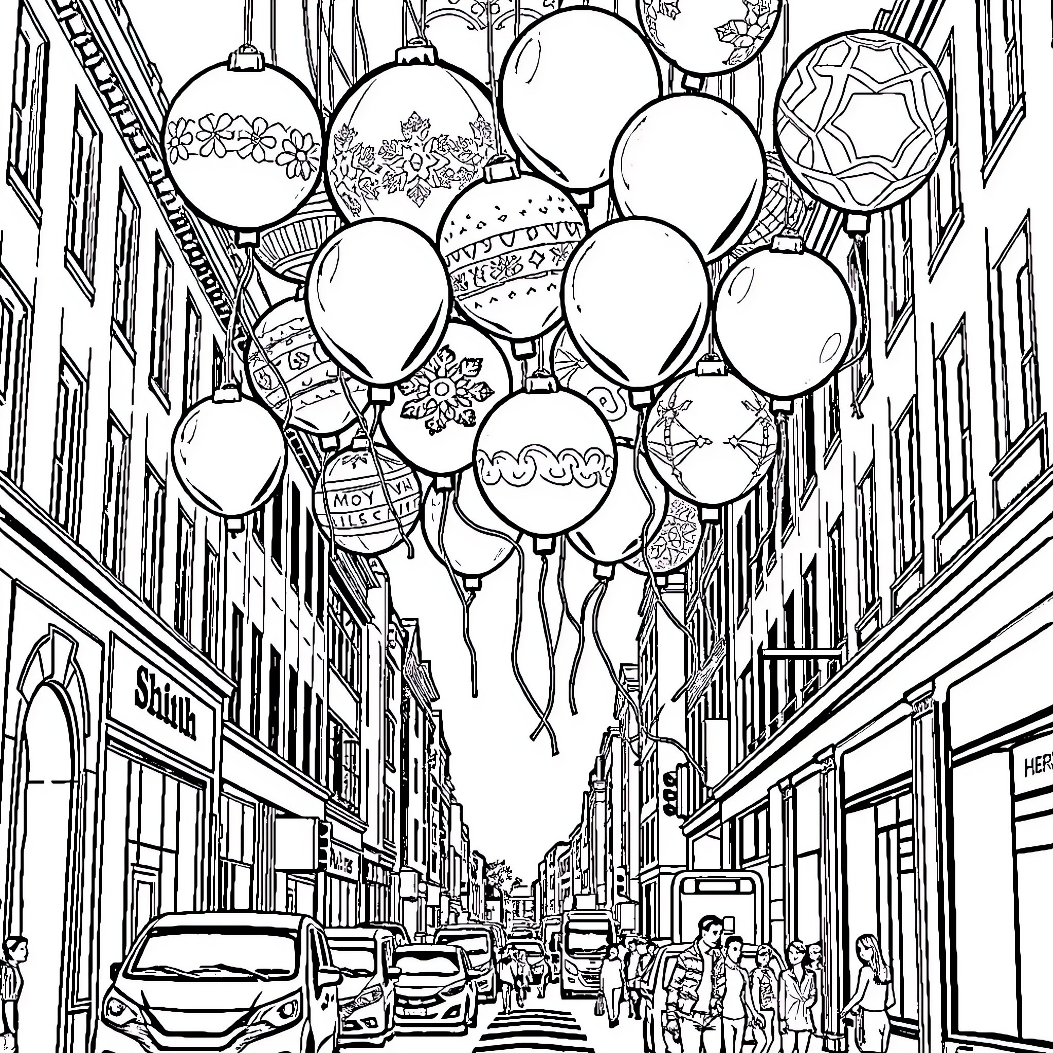 Balloon-filled street with shops and pedestrians Coloring Page (free black-and-white line drawing printable PDF for all, from beginners to advanced learners, including children, teens, adults, and seniors)