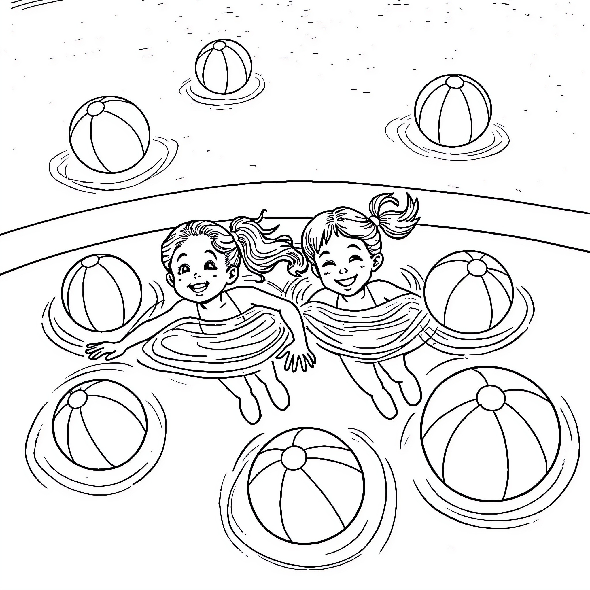 Girls playing happily with beach balls in the pool Coloring Page (free black-and-white line drawing printable PDF for all, from beginners to advanced learners, including children, teens, adults, and seniors)
