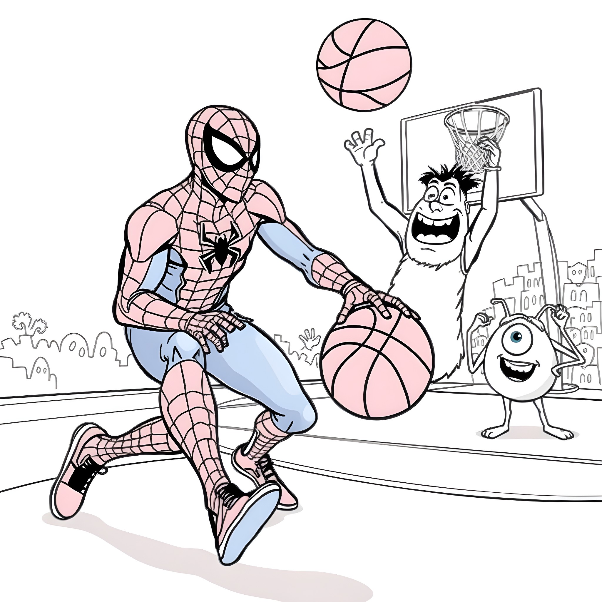 Spider-Man playing basketball with his friends Coloring Page (free black-and-white line drawing printable PDF for all, from beginners to advanced learners, including children, teens, adults, and seniors)