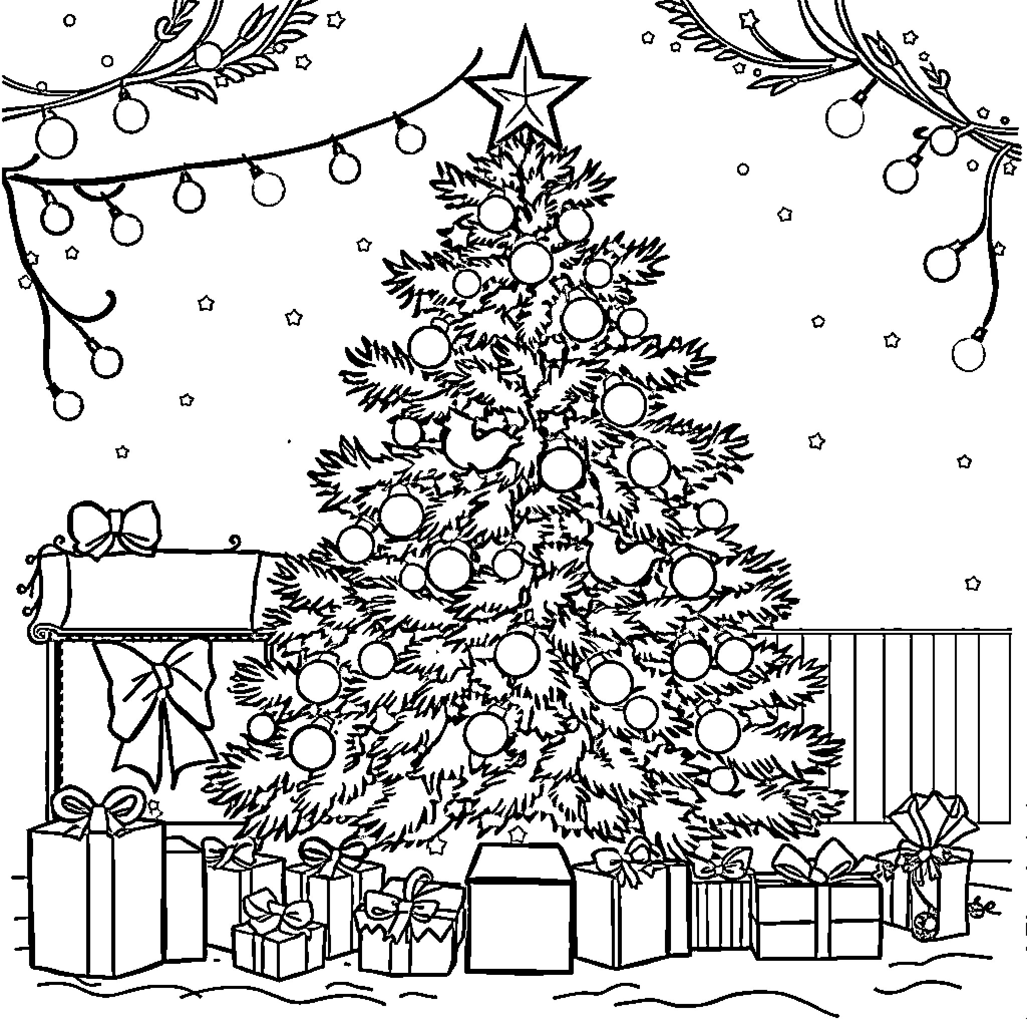 Christmas scene with decorated tree and presents Coloring Page (free black-and-white line drawing printable PDF for all, from beginners to advanced learners, including children, teens, adults, and seniors)