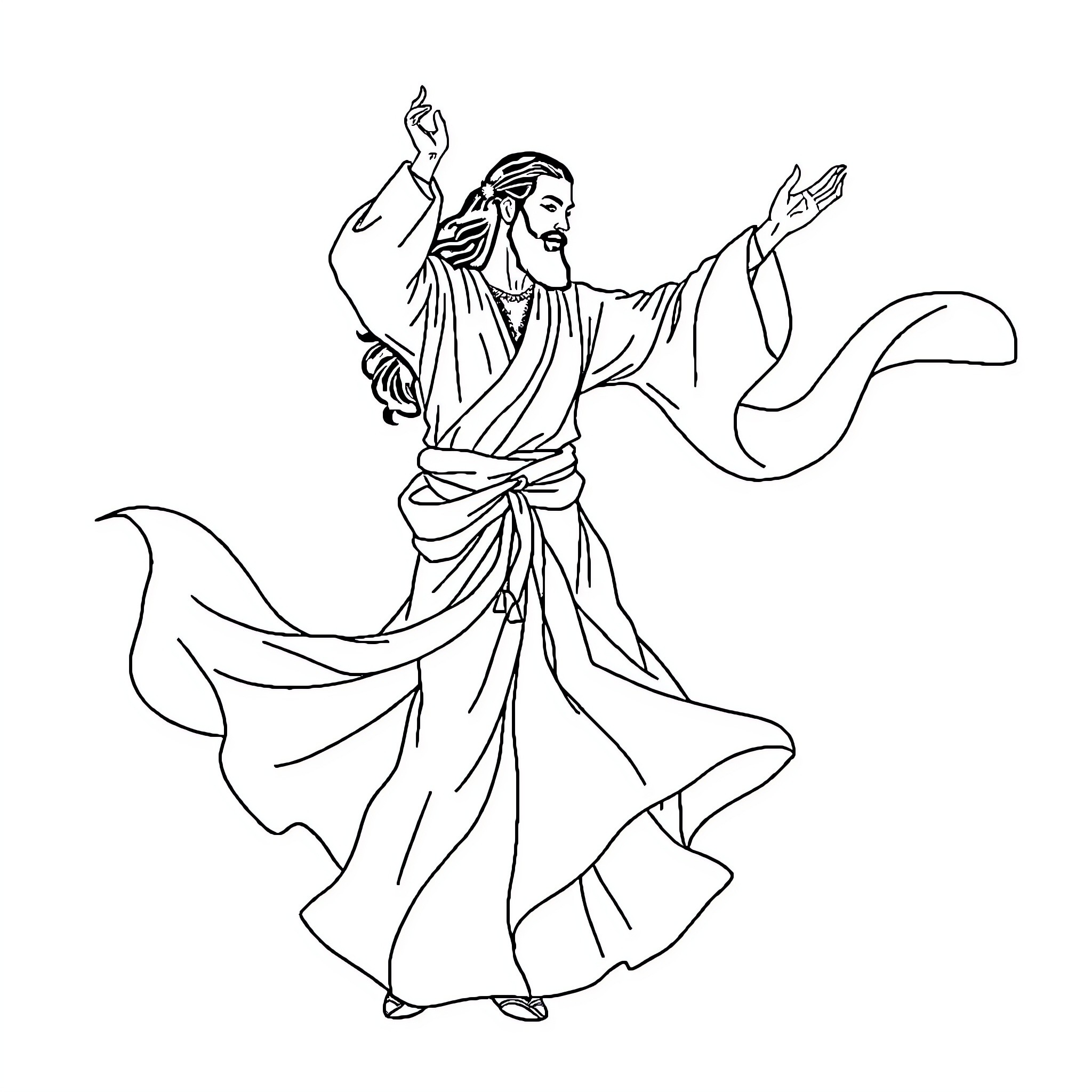 Rumi performing expressive dance in traditional attire Coloring Page (free black-and-white line drawing printable PDF for all, from beginners to advanced learners, including children, teens, adults, and seniors)