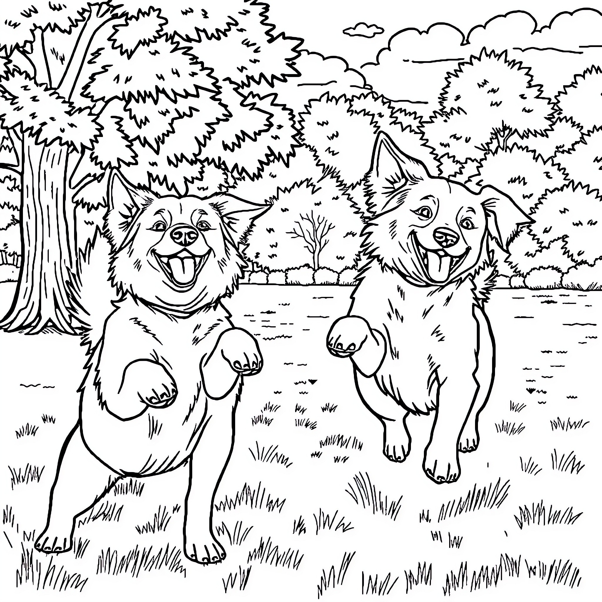 Dog friends playing happily in the forest Coloring Page (free black-and-white line drawing printable PDF for all, from beginners to advanced learners, including children, teens, adults, and seniors)