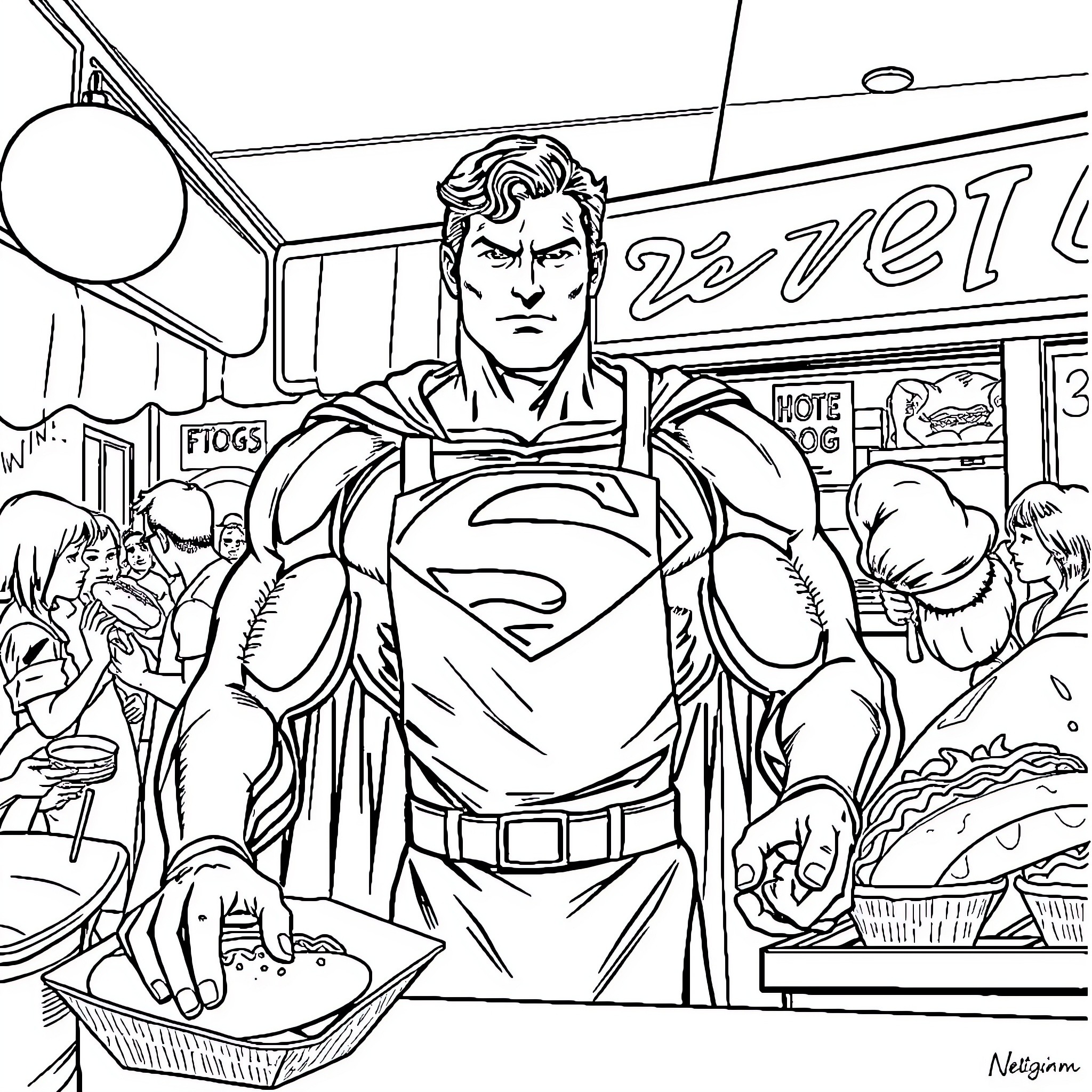 Superman saving the day in a crowded city scene Coloring Page (free black-and-white line drawing printable PDF for all, from beginners to advanced learners, including children, teens, adults, and seniors)