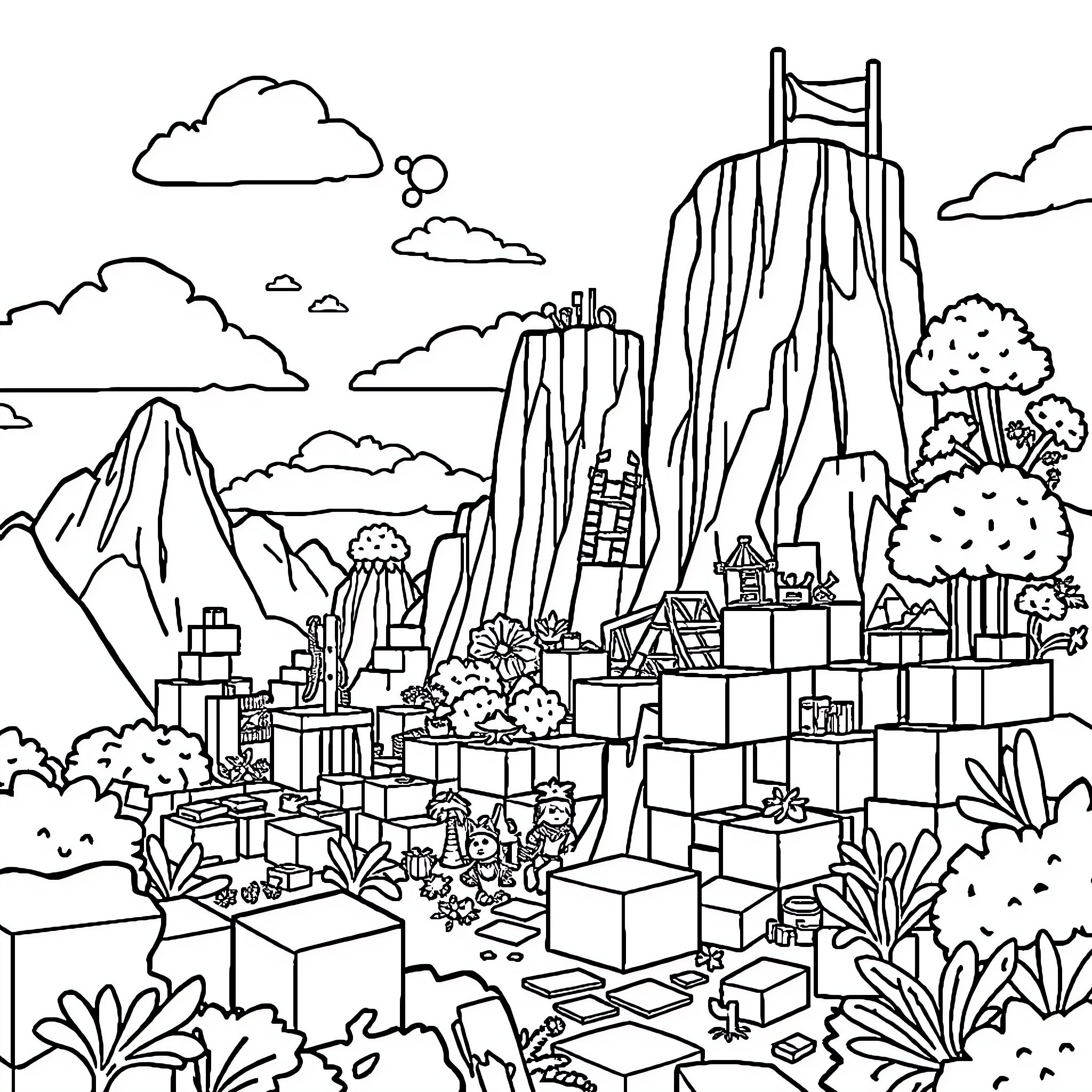 Minecraft Landscape with Diverse Structures and Vegetation Coloring Page (free black-and-white line drawing printable PDF for all, from beginners to advanced learners, including children, teens, adults, and seniors)