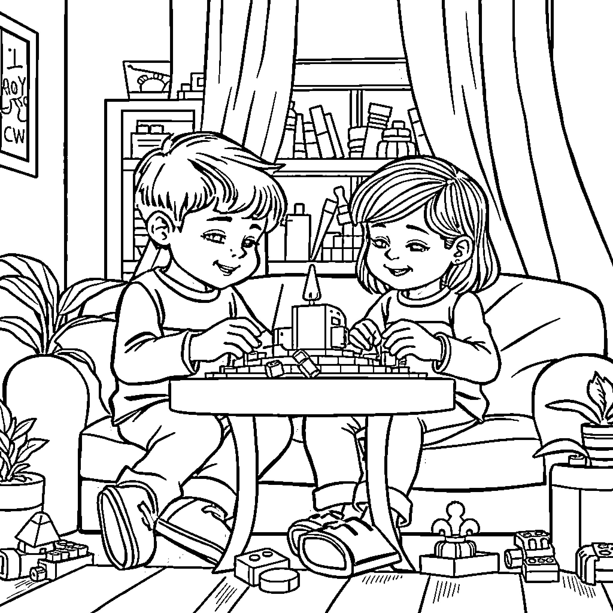 Children playing with toys in cozy home Coloring Page (free black-and-white line drawing printable PDF for all, from beginners to advanced learners, including children, teens, adults, and seniors)