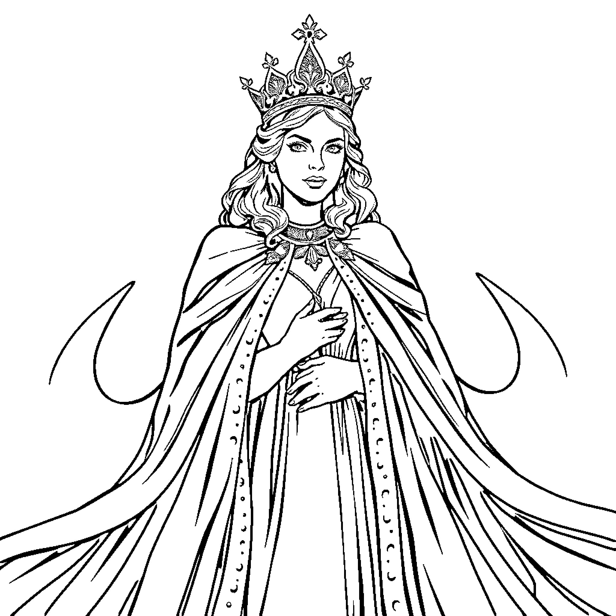 Catherine in regal attire and crown Coloring Page (free black-and-white line drawing printable PDF for all, from beginners to advanced learners, including children, teens, adults, and seniors)