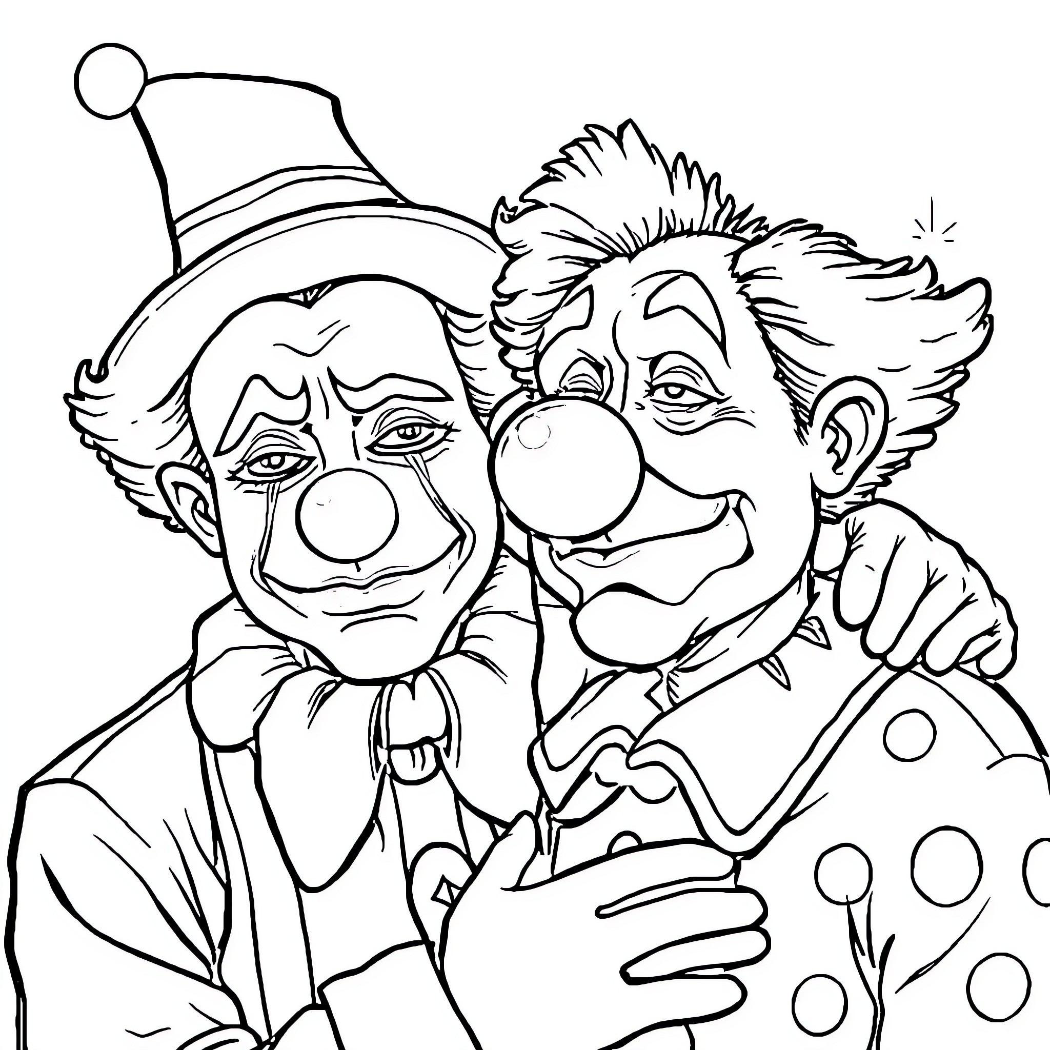 Clown companions in whimsical attire Coloring Page (free black-and-white line drawing printable PDF for all, from beginners to advanced learners, including children, teens, adults, and seniors)