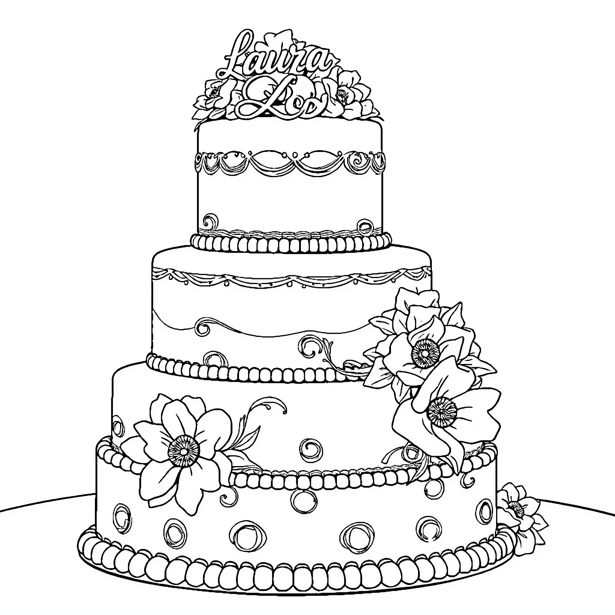 Wedding Cake with Floral Decorations Coloring Page (free black-and-white line drawing printable PDF for all, from beginners to advanced learners, including children, teens, adults, and seniors)