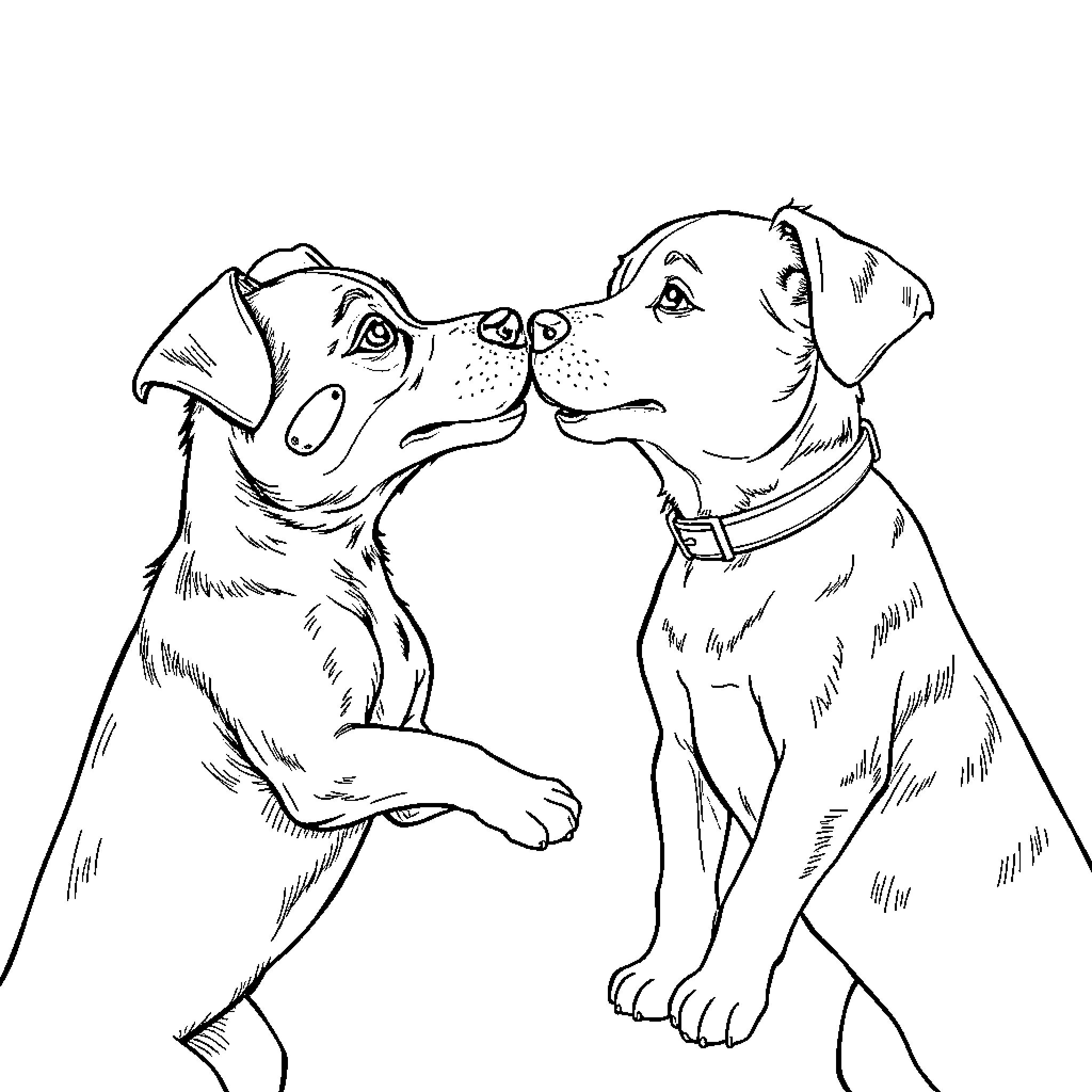 Dog Buddies Playfully Interacting Coloring Page (free black-and-white line drawing printable PDF for all, from beginners to advanced learners, including children, teens, adults, and seniors)