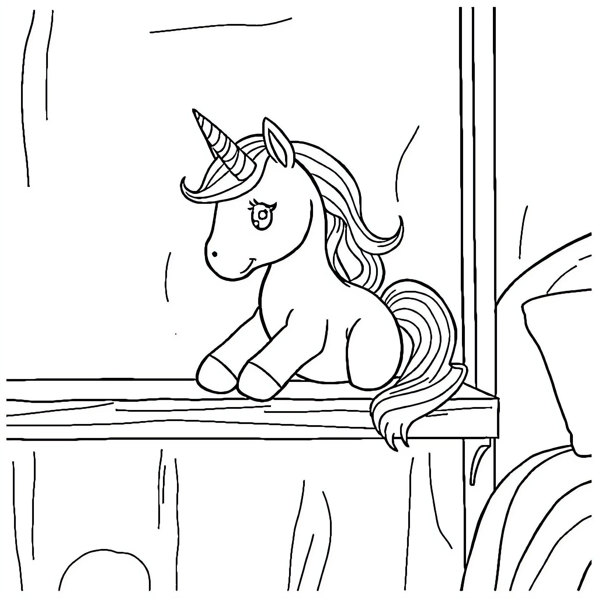 Unicorn resting peacefully in a magical scene Coloring Page (free black-and-white line drawing printable PDF for all, from beginners to advanced learners, including children, teens, adults, and seniors)