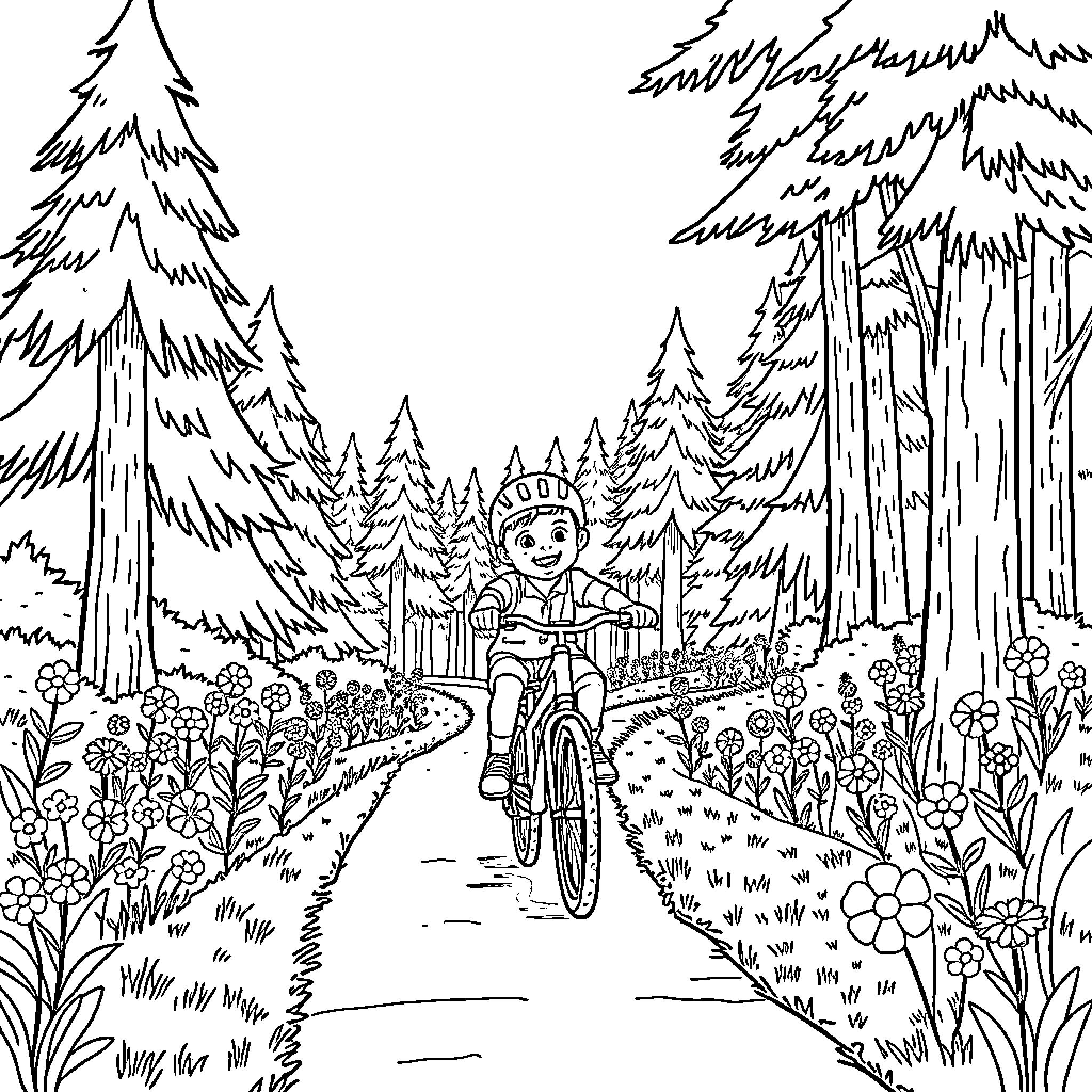 Child riding bicycle in forest Coloring Page (free black-and-white line drawing printable PDF for all, from beginners to advanced learners, including children, teens, adults, and seniors)