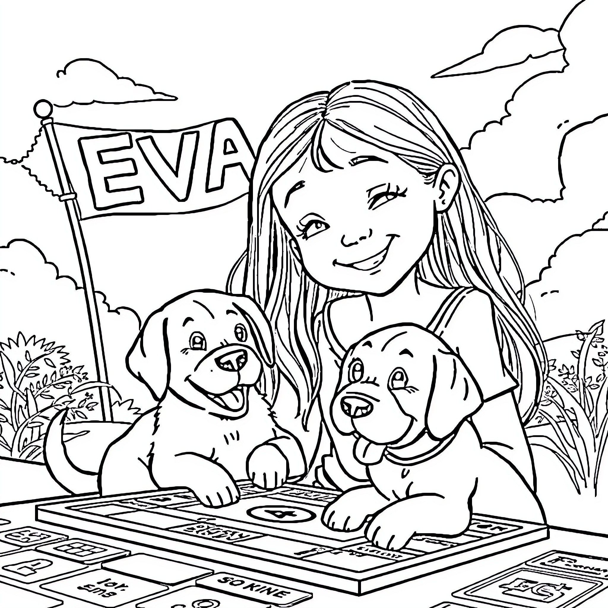 Girl playing with puppies on a game board Coloring Page (free black-and-white line drawing printable PDF for all, from beginners to advanced learners, including children, teens, adults, and seniors)