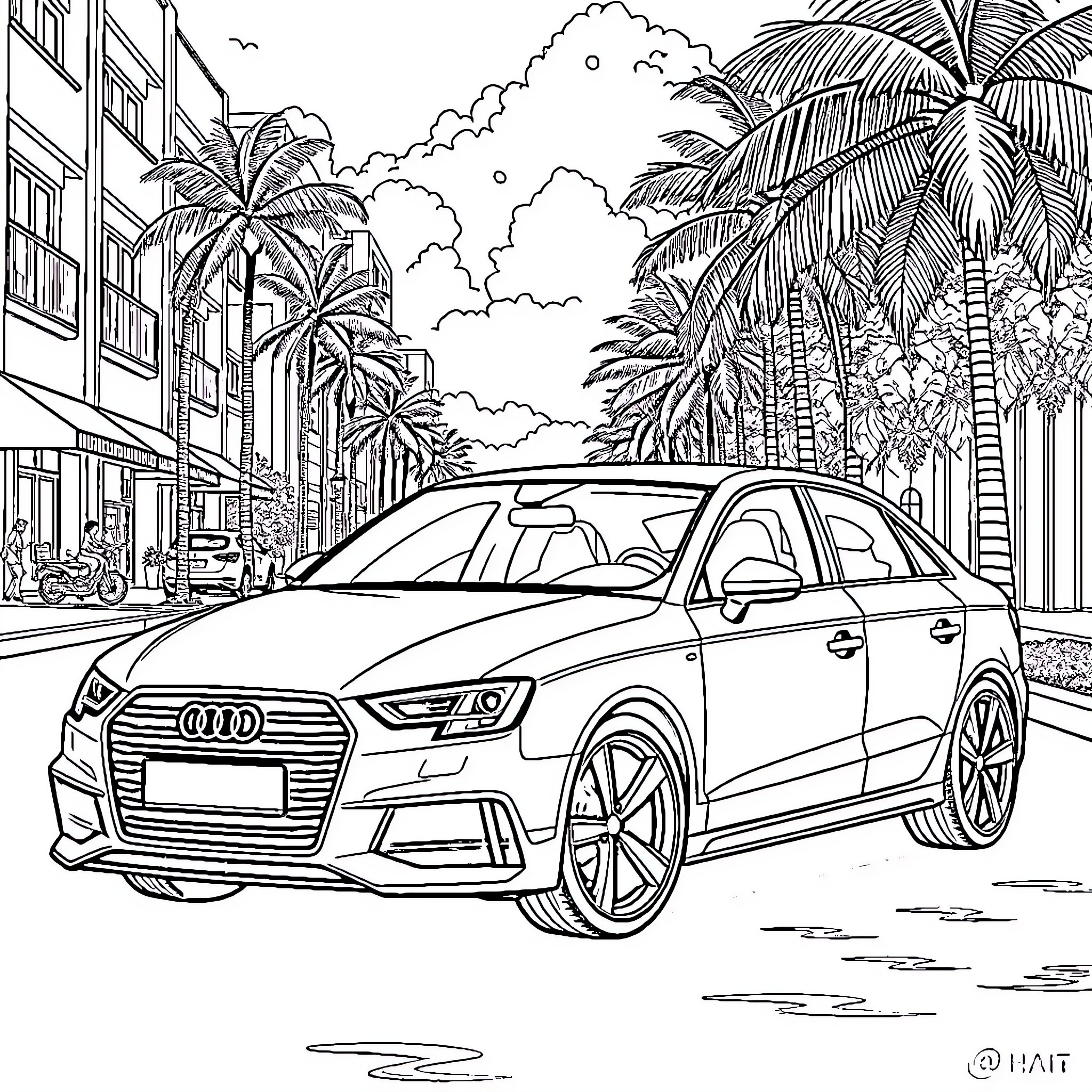 Audi A3 in a tropical vacation scene Coloring Page (free black-and-white line drawing printable PDF for all, from beginners to advanced learners, including children, teens, adults, and seniors)