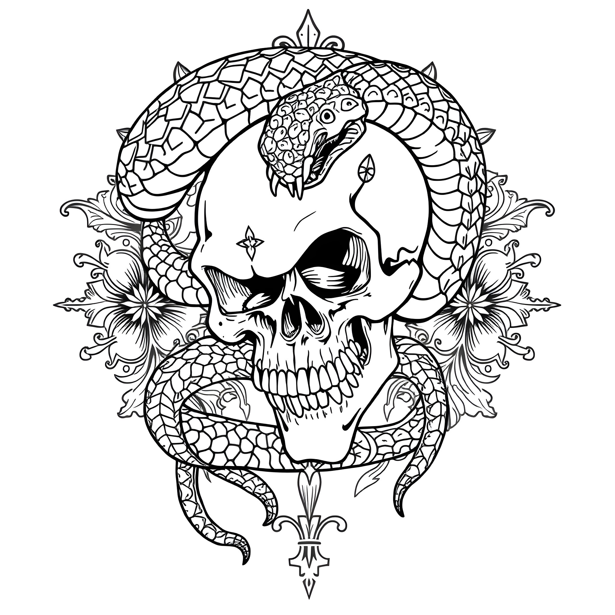 Snake coiling around a skull with floral accents Coloring Page (free black-and-white line drawing printable PDF for all, from beginners to advanced learners, including children, teens, adults, and seniors)