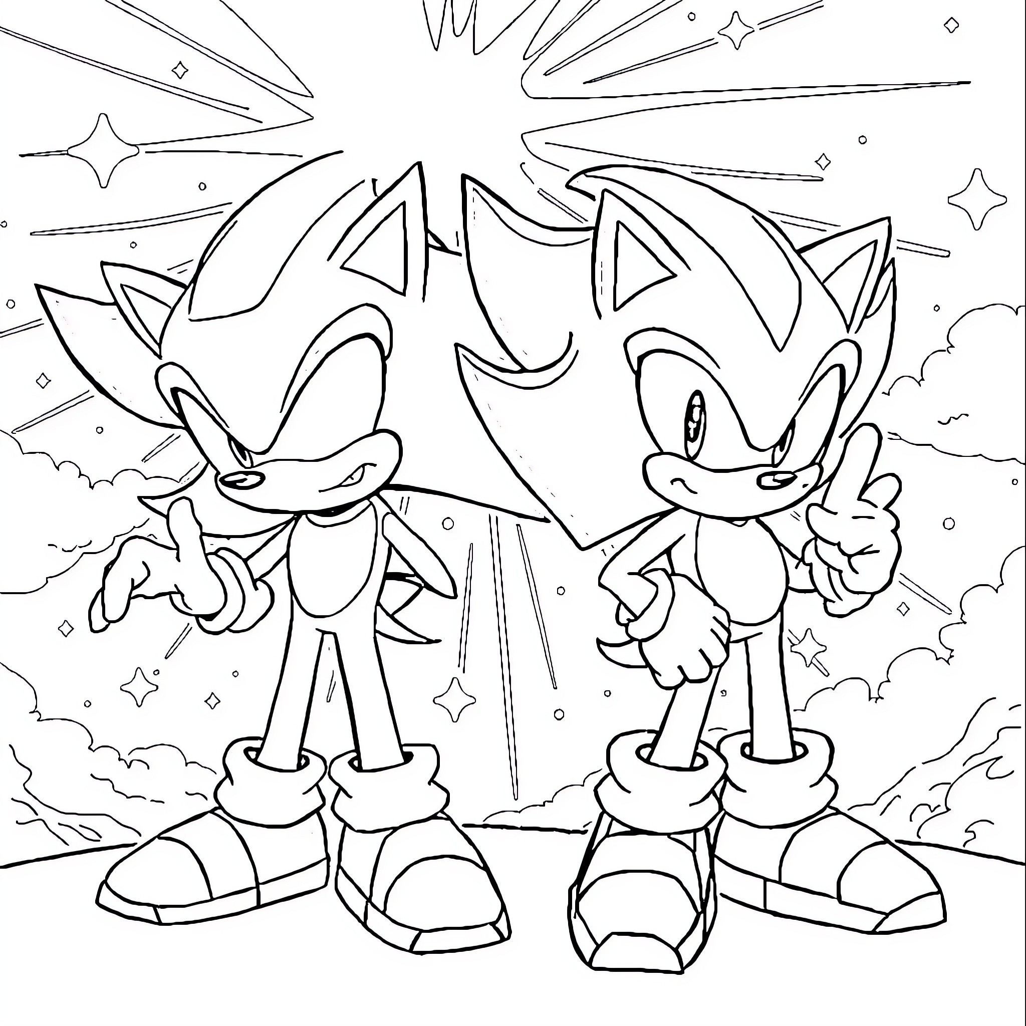 Sonic Characters in an Energetic Pose Coloring Page (free black-and-white line drawing printable PDF for all, from beginners to advanced learners, including children, teens, adults, and seniors)