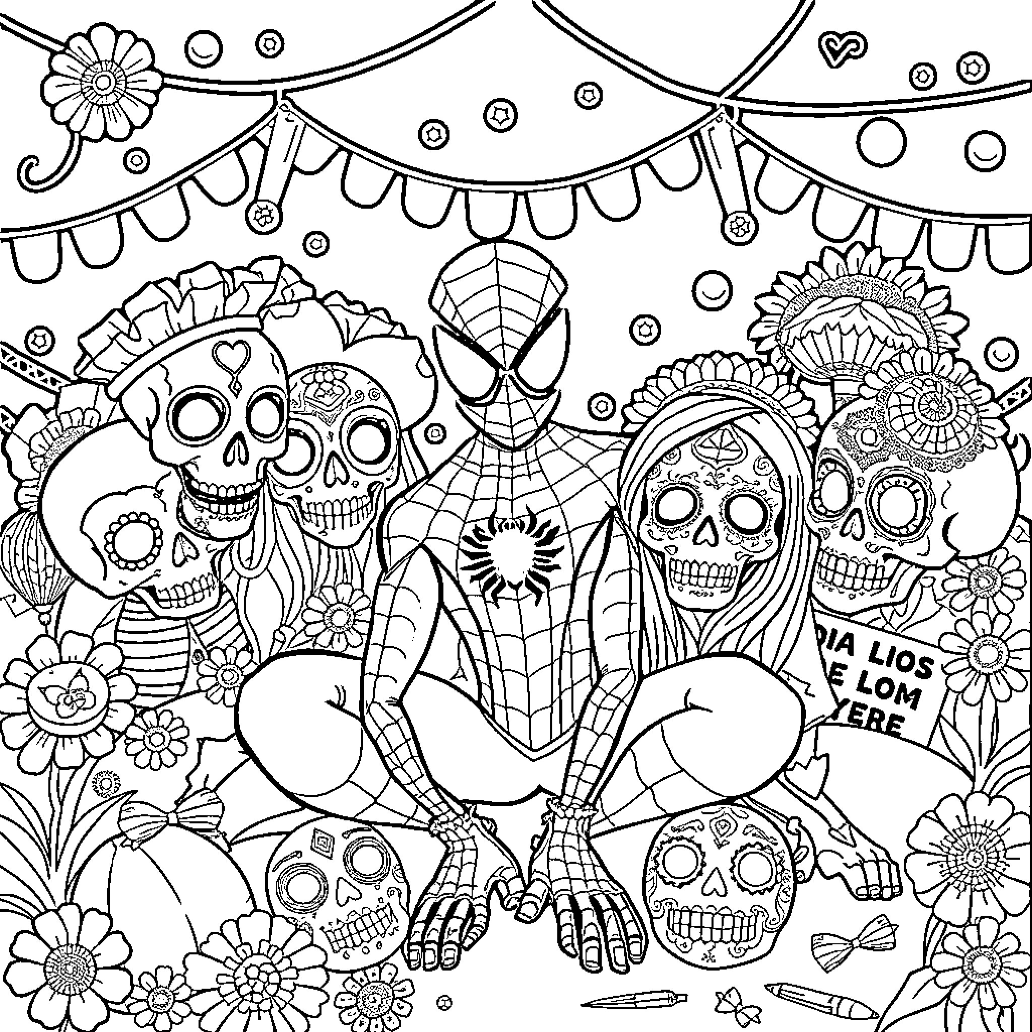 Spider-Man among Day of the Dead celebrations Coloring Page (free black-and-white line drawing printable PDF for all, from beginners to advanced learners, including children, teens, adults, and seniors)