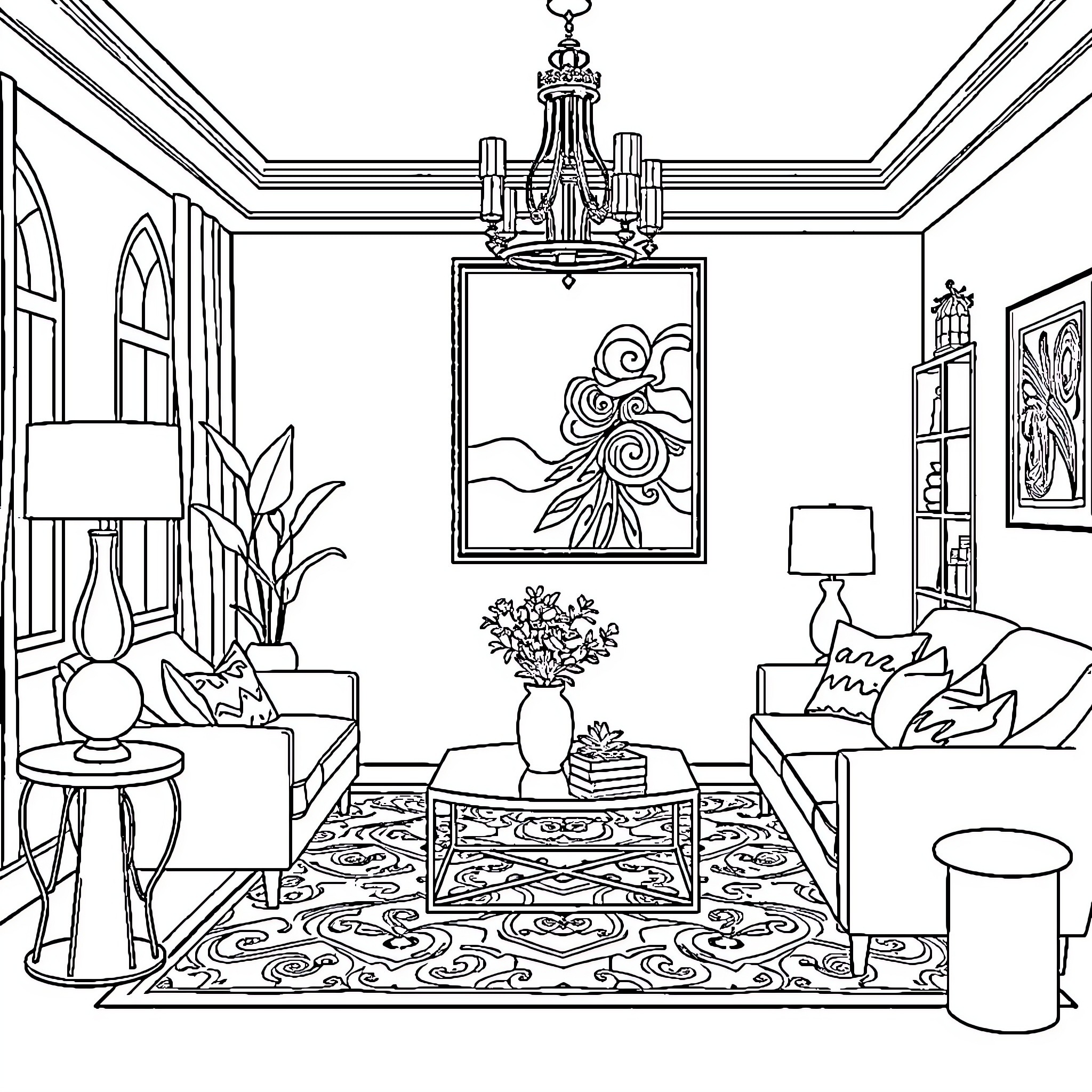 Interior Design of a Cozy and Elegant Living Room Coloring Page (free black-and-white line drawing printable PDF for all, from beginners to advanced learners, including children, teens, adults, and seniors)