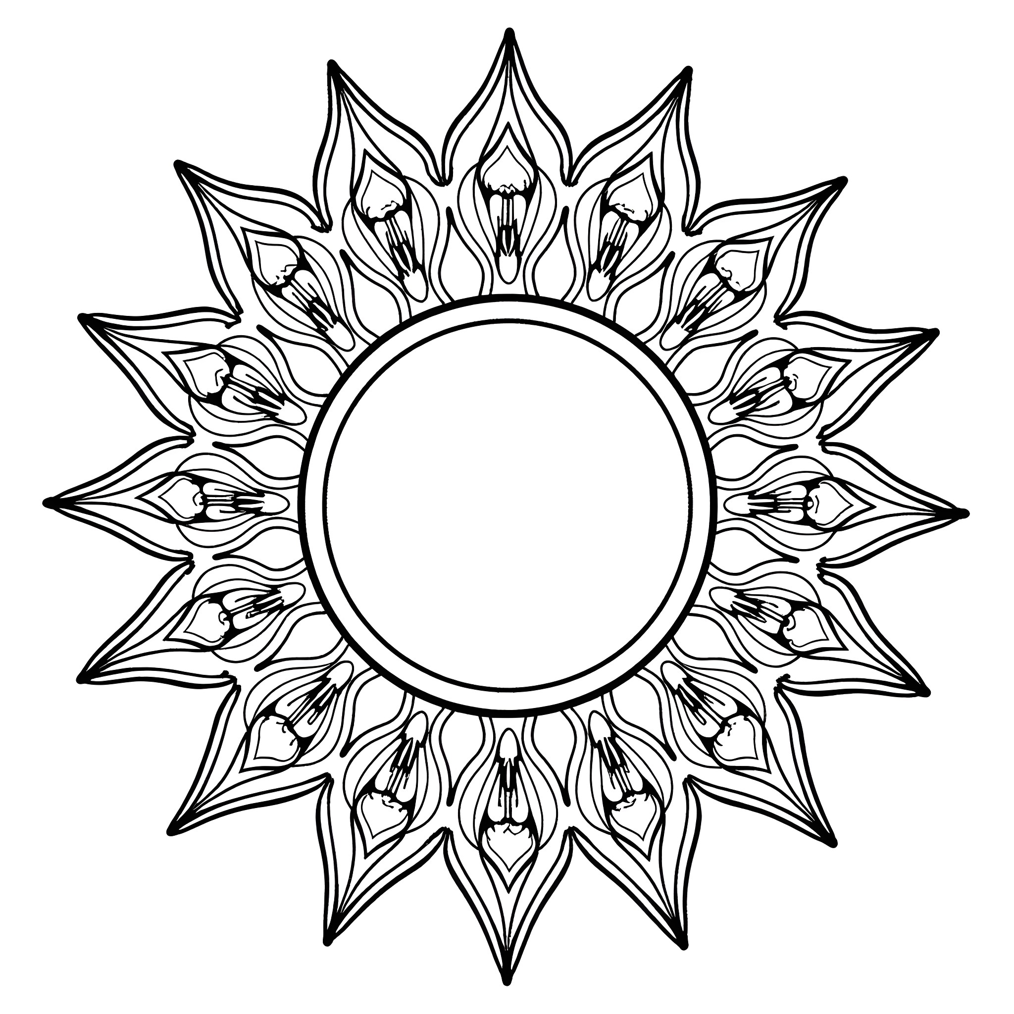 Sun with abstract floral patterns Coloring Page (free black-and-white line drawing printable PDF for all, from beginners to advanced learners, including children, teens, adults, and seniors)