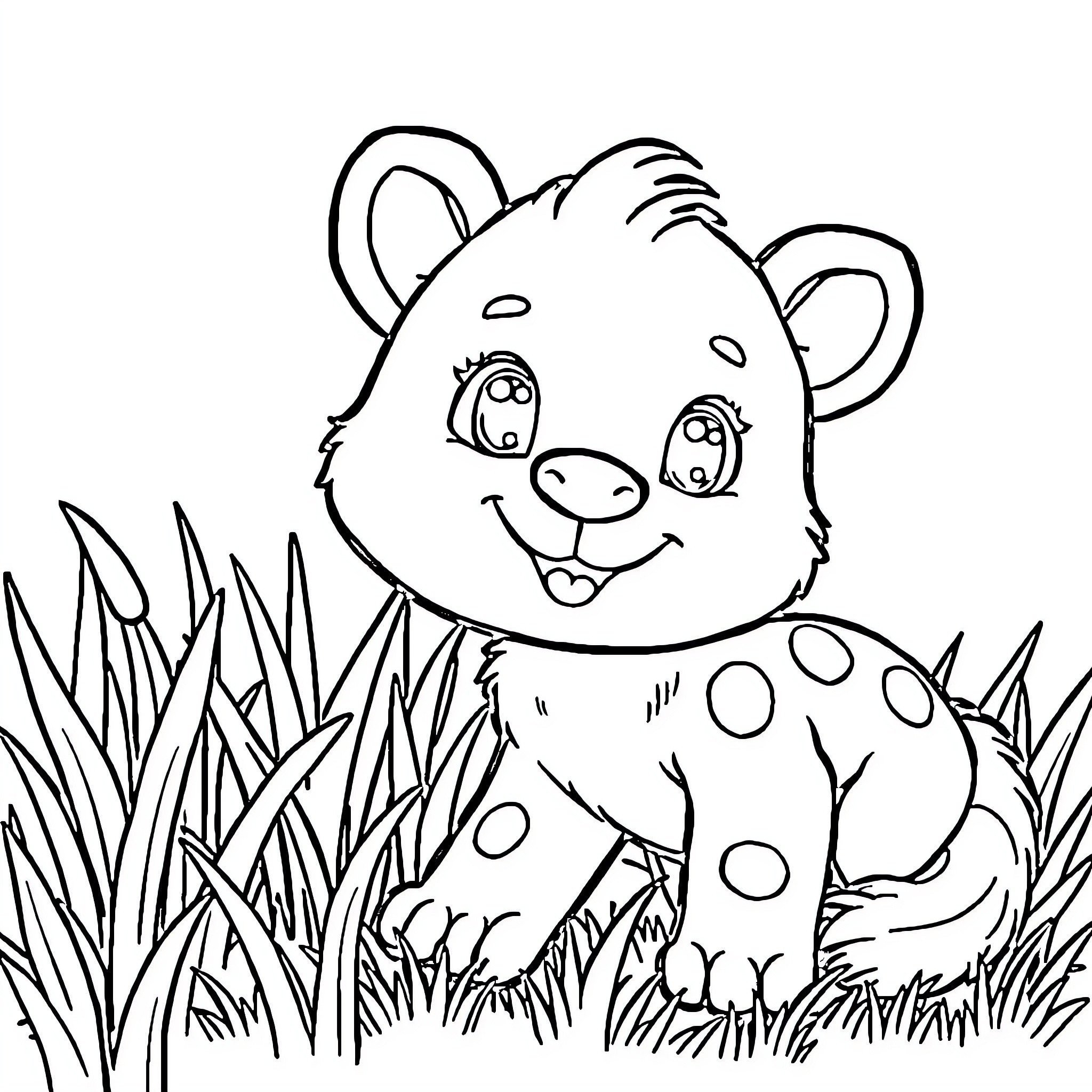 Animal spotted in grassy field Coloring Page (free black-and-white line drawing printable PDF for all, from beginners to advanced learners, including children, teens, adults, and seniors)