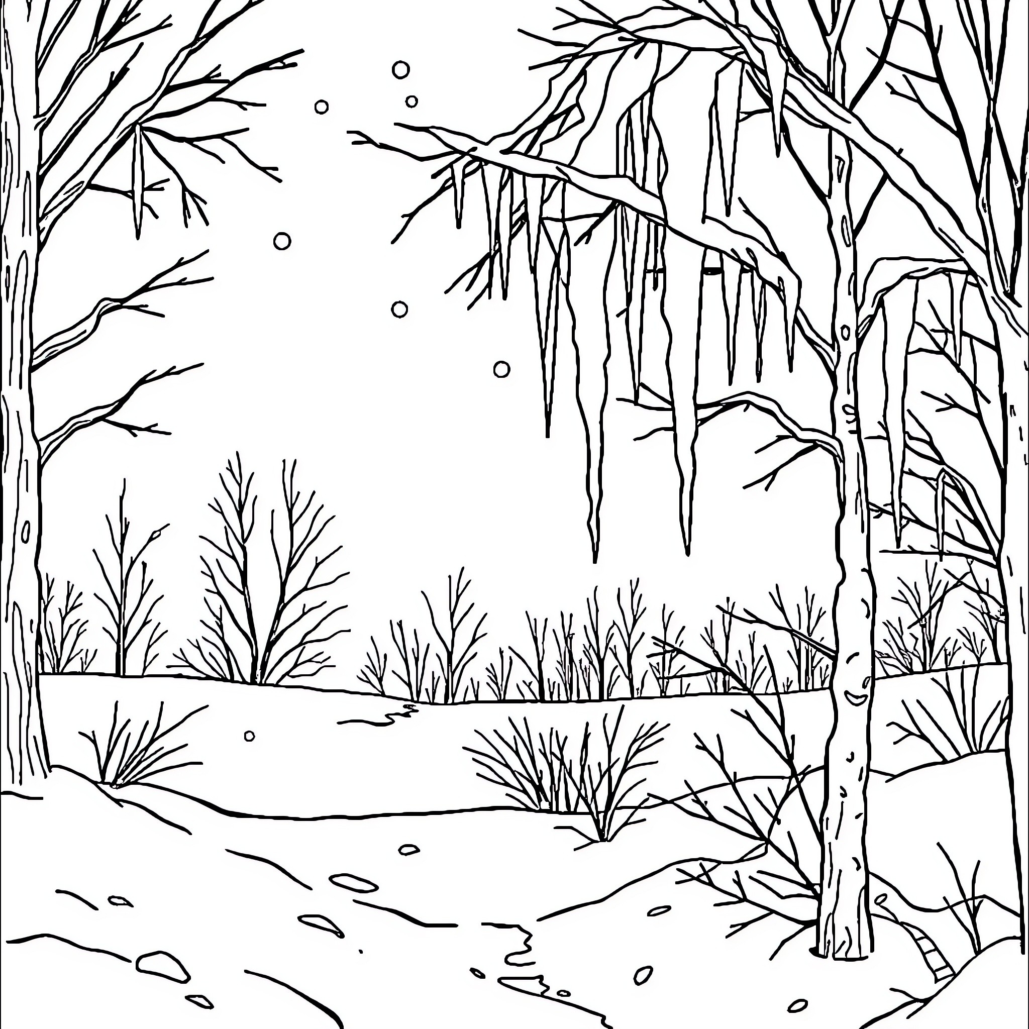 Winter Woodland Landscape Coloring Page (free black-and-white line drawing printable PDF for all, from beginners to advanced learners, including children, teens, adults, and seniors)