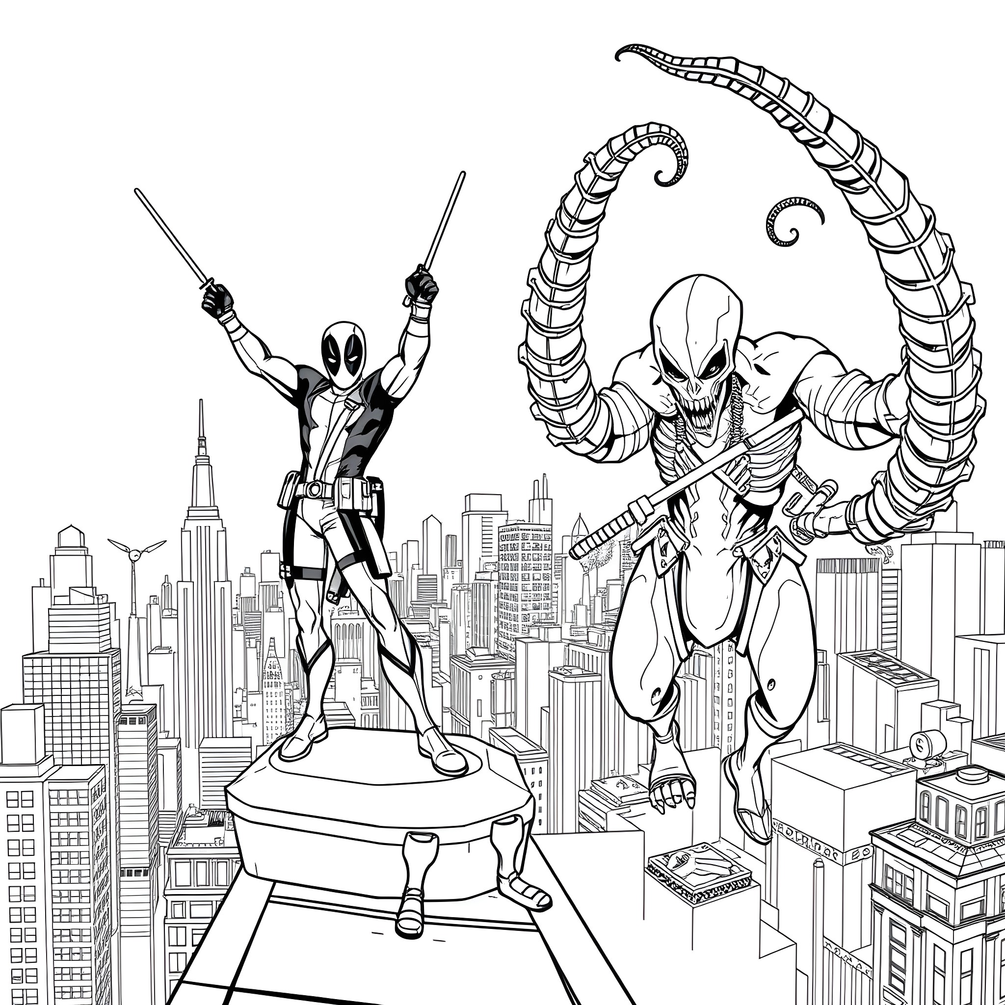 Deadpool's Acrobatic Display over the Cityscape Coloring Page (free black-and-white line drawing printable PDF for all, from beginners to advanced learners, including children, teens, adults, and seniors)