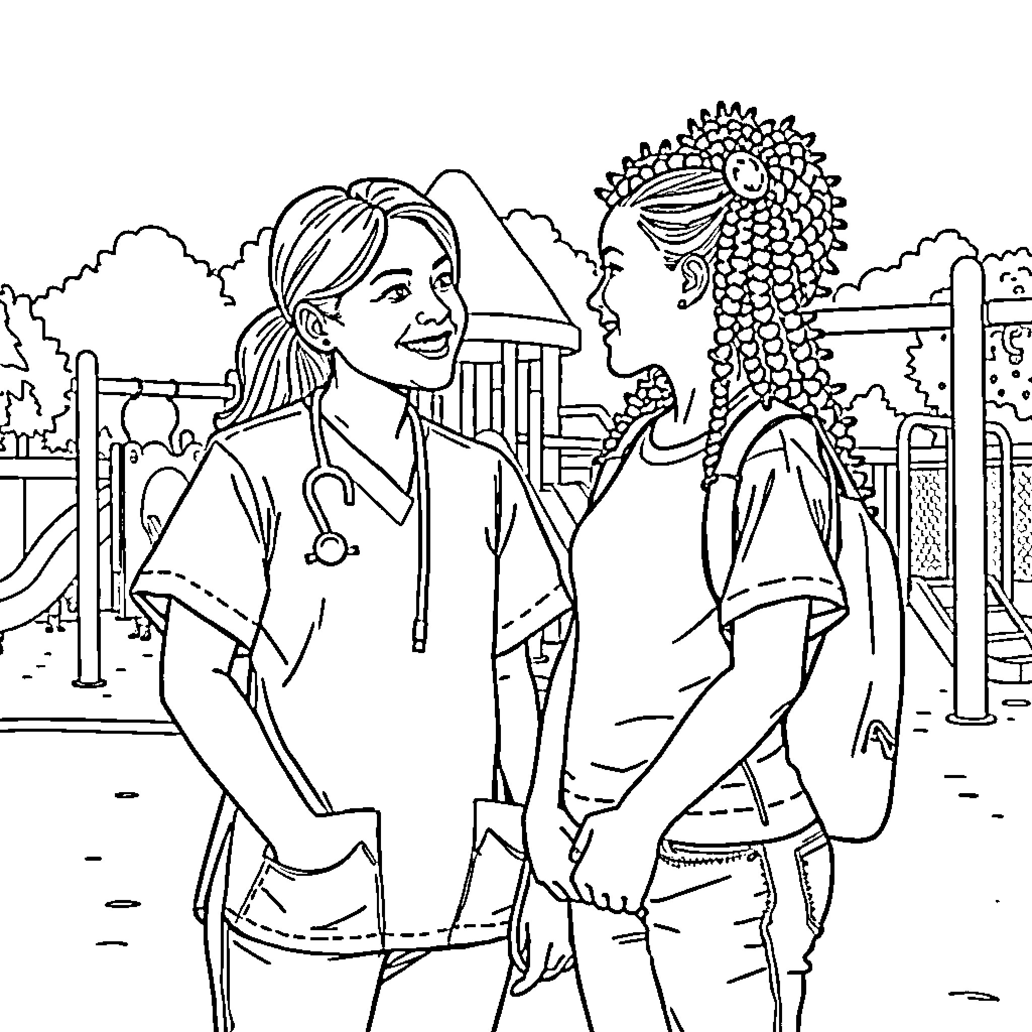 Nurse Interacting with Smiling Patient Coloring Page (free black-and-white line drawing printable PDF for all, from beginners to advanced learners, including children, teens, adults, and seniors)