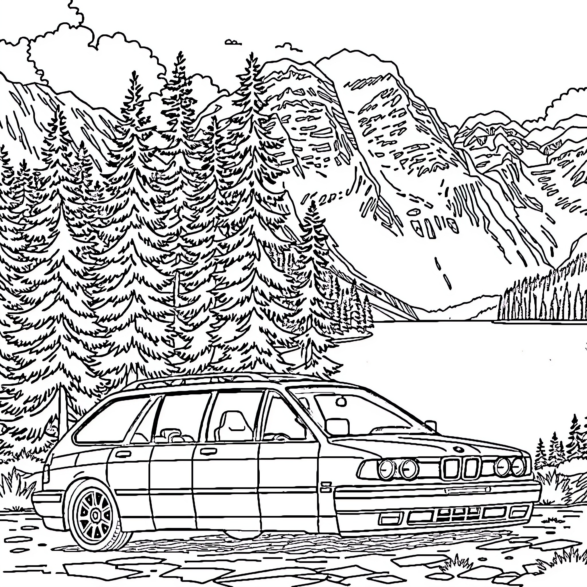BMW E36 wagon in scenic mountain landscape Coloring Page (free black-and-white line drawing printable PDF for all, from beginners to advanced learners, including children, teens, adults, and seniors)