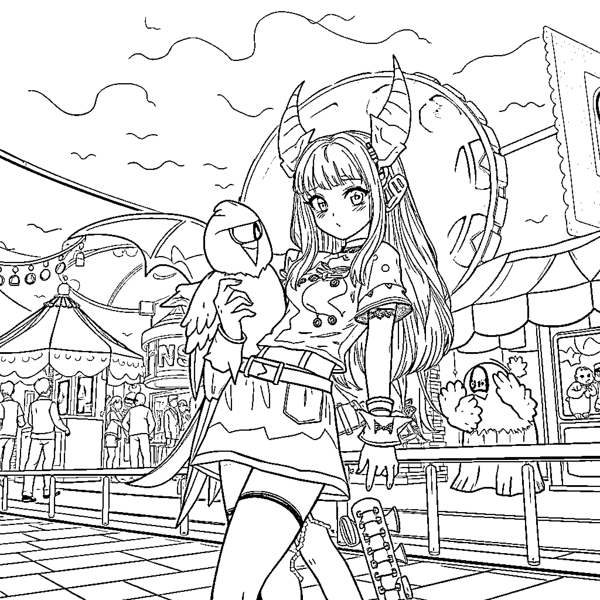 Demon Hunter battles in an amusement park Coloring Page (free black-and-white line drawing printable PDF for all, from beginners to advanced learners, including children, teens, adults, and seniors)