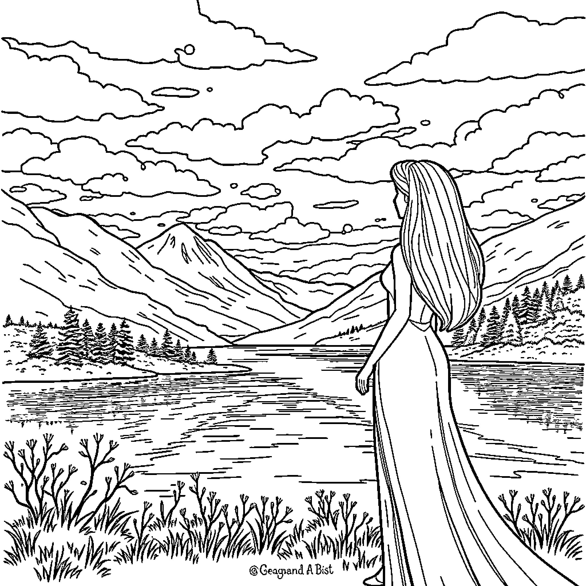 Barbie in a Serene Mountain Landscape Coloring Page (free black-and-white line drawing printable PDF for all, from beginners to advanced learners, including children, teens, adults, and seniors)